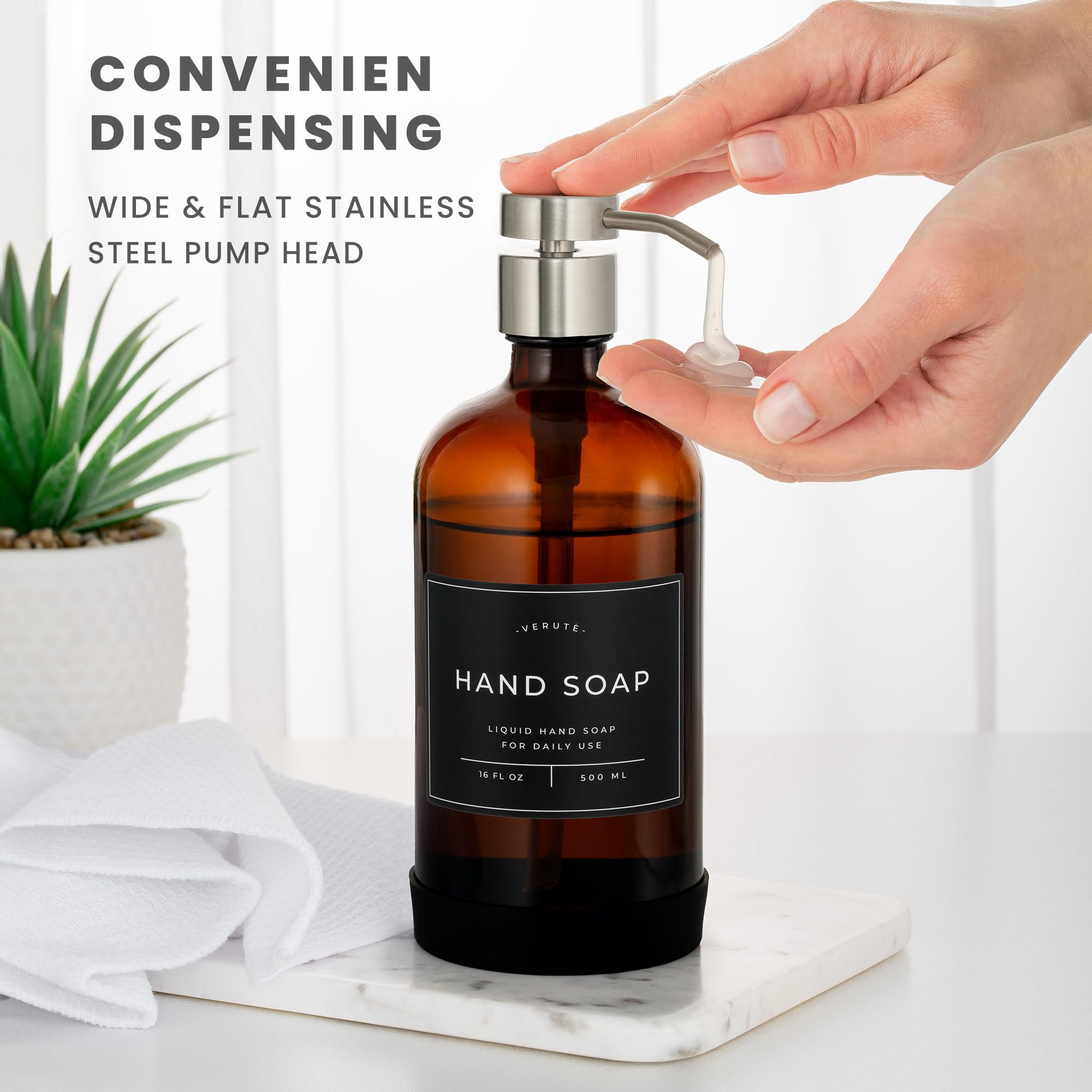 Verute 16Oz Glass Soap Dispenser With Stainless Steel Pump, 21 Waterproof Labels, Non-Slip Protective Silicone Pad, Set Of 2 For