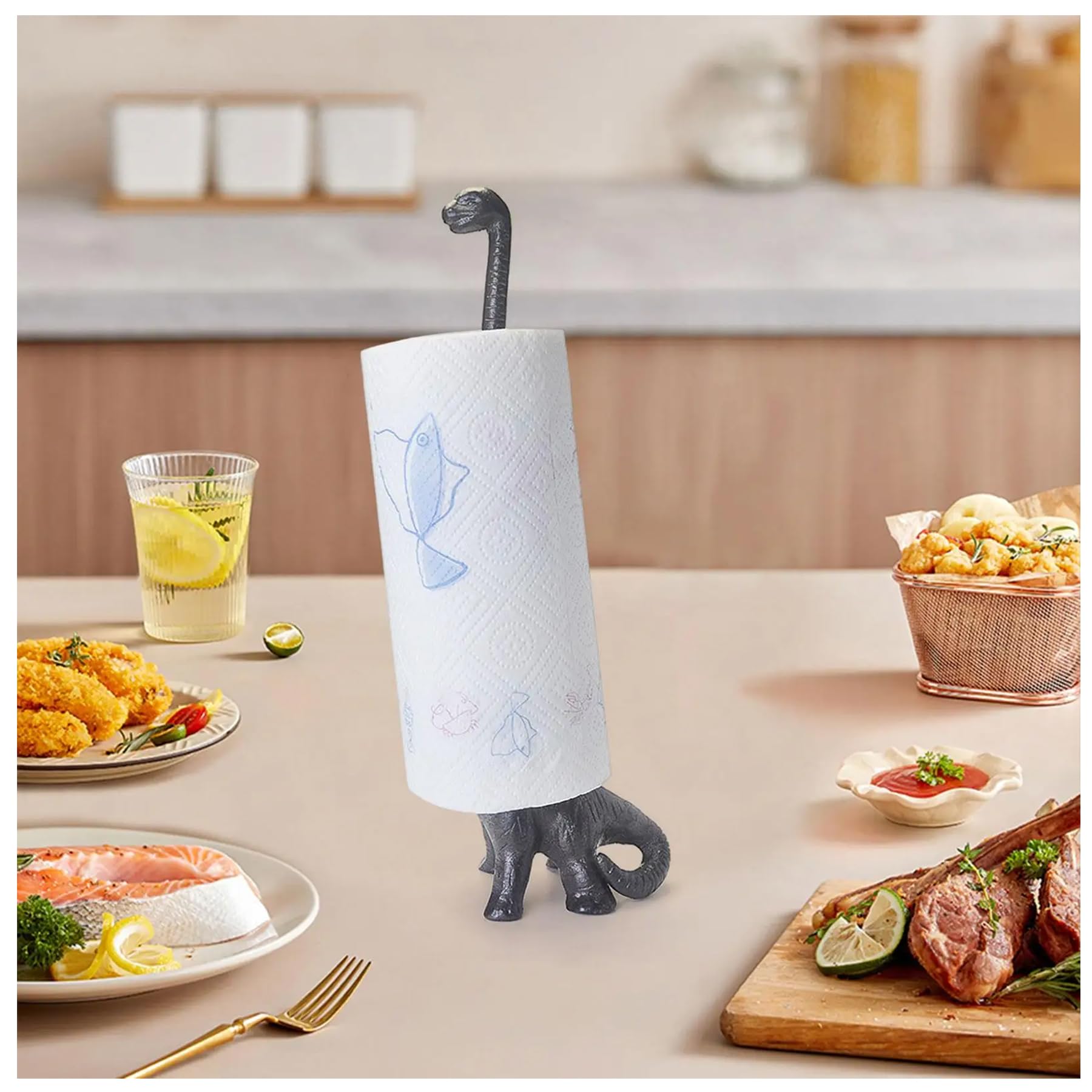 Cast Iron Dinosaur Paper Towel Holder - Free Standing Toilet Paper Holder - Rustic Brown w/Vintage Finish