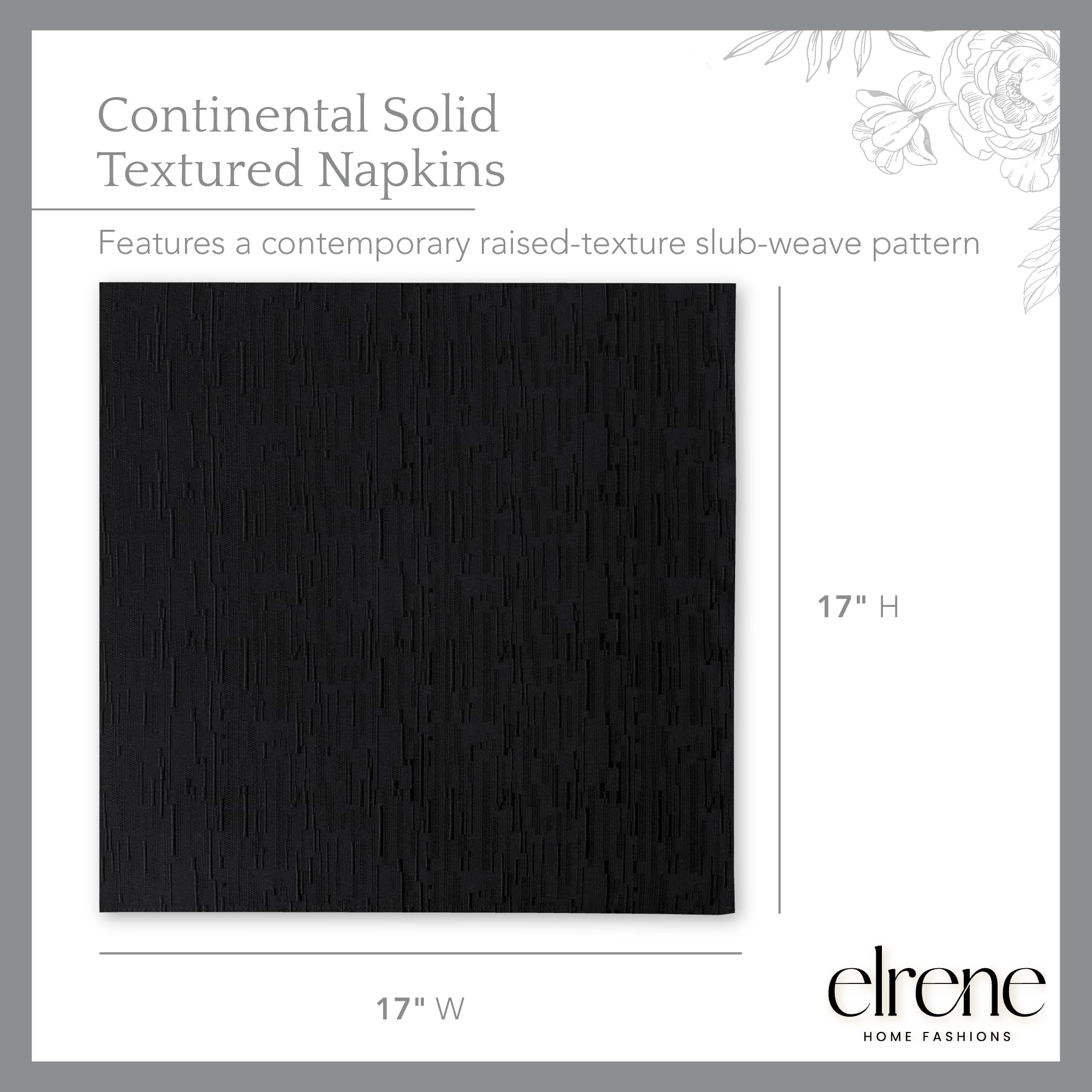 Elrene Home Fashions Continental Solid Textured Water- And Stain-Resistant Napkins, Set Of 4, Black