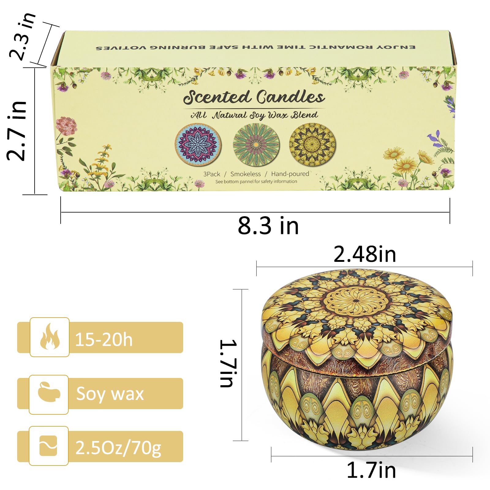 3 Pack Candles for Home Scented Candles Gifts Set for Women 7.5 oz Aromatherapy Candles for Stress Relief, Floral Natural Soy Ca