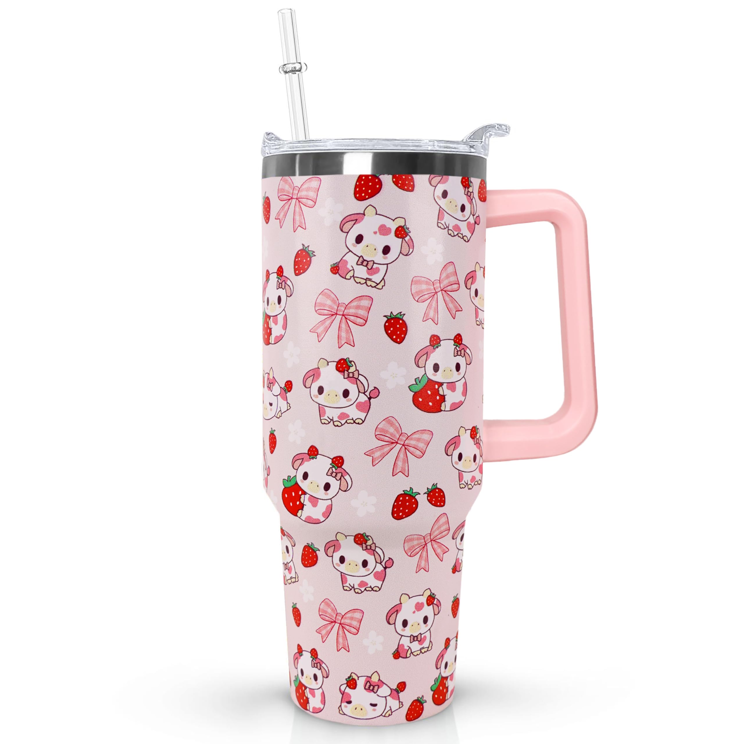 Ceovfoi 40 Oz Strawberry Cow Tumbler With Handle,Cow Print Coffee Travel Mug Cup Water Bottle,Strawberry Decor, Cow Print Gifts 