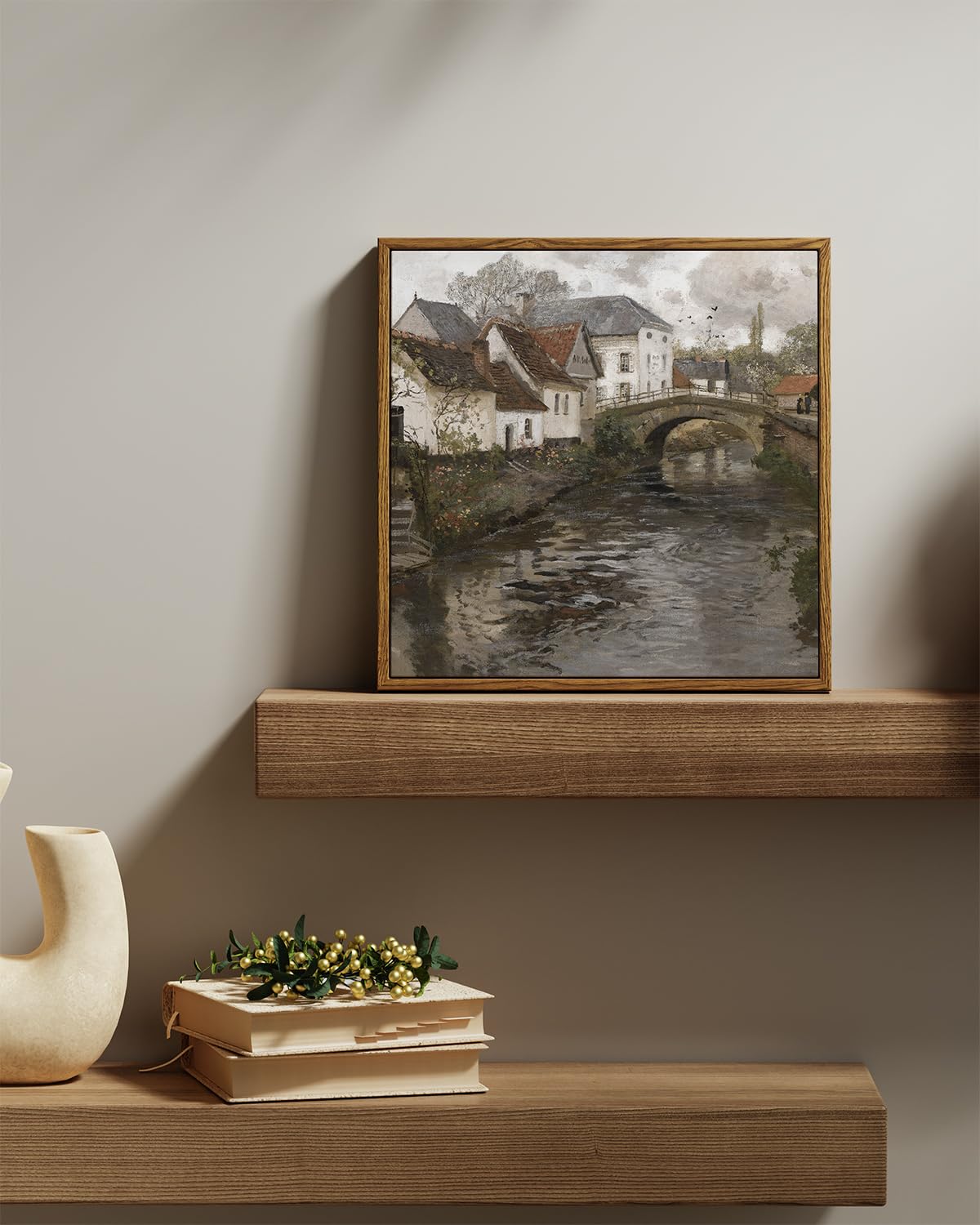Insimsea Square Framed Canvas Wall Art, Vintage Landscape Prints Riverside Small Town Canvas Prints Home Decor, Rustic Farmhouse