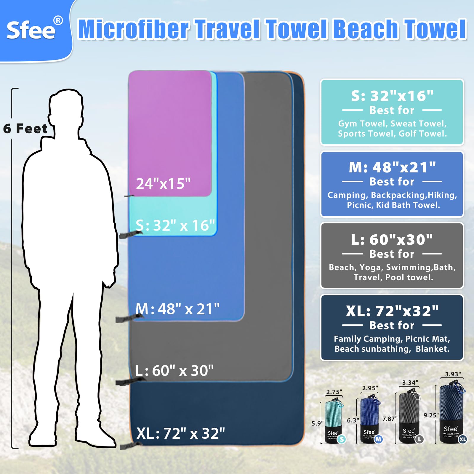 Sfee 2 Pack Microfiber Travel Towel  Quick Dry Towel Camping Towel Super Absorbent Compact Lightweight Sports Towel Swim Towel Gym Towel Beach Towel Set for Gym  Hiking  Pool  Backpacking  Bath  Yoga