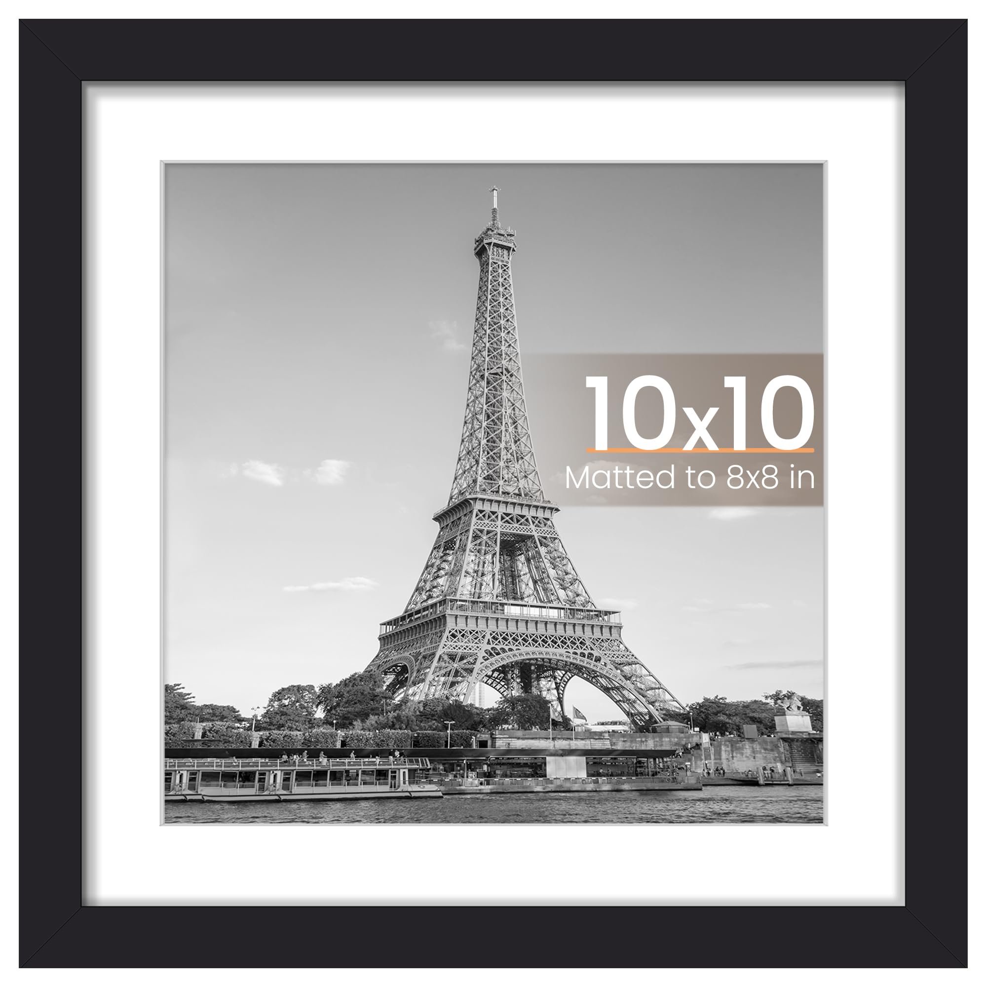 upsimples 10x10 Picture Frame, Display Pictures 8x8 with Mat or 10x10 Without Mat, Wall Hanging Photo Frame, Black, 1 Pack