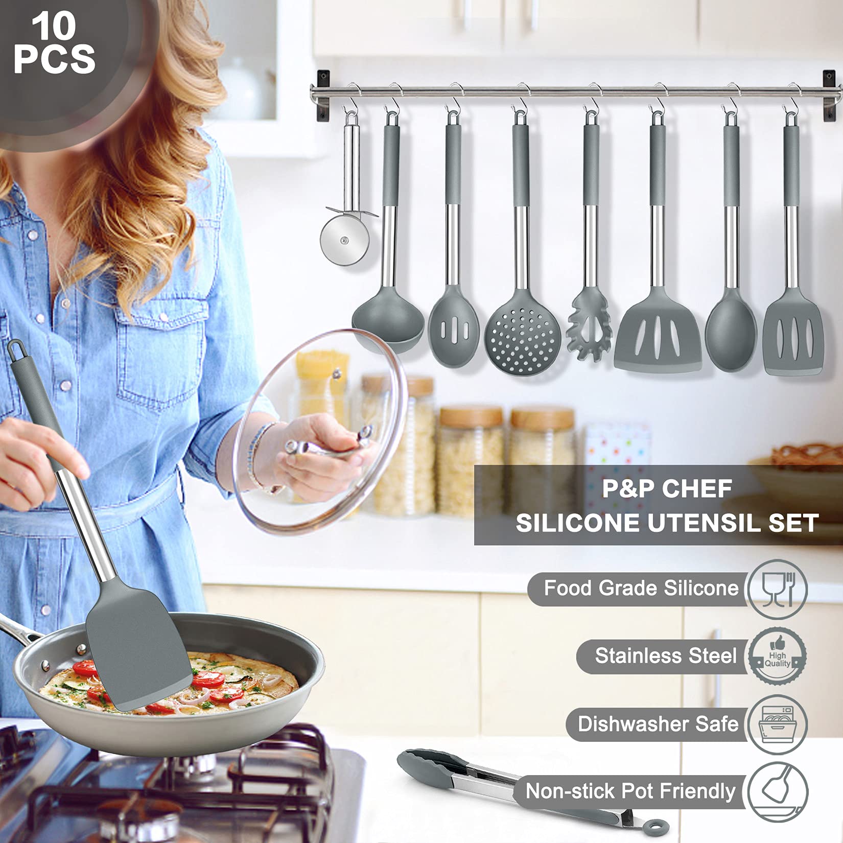 P&P CHEF Silicone Kitchen Utensils Set of 10, Heat-Resistant, Non-toxic, Gray, Stainless Steel Handles, Model SRKU-31