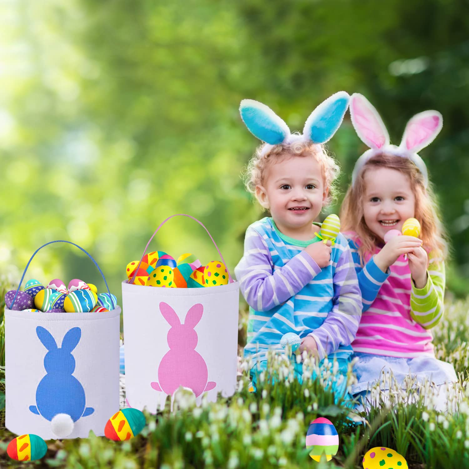 8 Pack Easter Bunny Bags Rabbit Ear Easter Baskets Easter Egg Hunt Basket for Kids Bunny Canvas Tote Gifts Bags Candy Bags Canvas Rabbit Fluffy Tail Basket Buckets Easter Egg Hunt Party Decorations