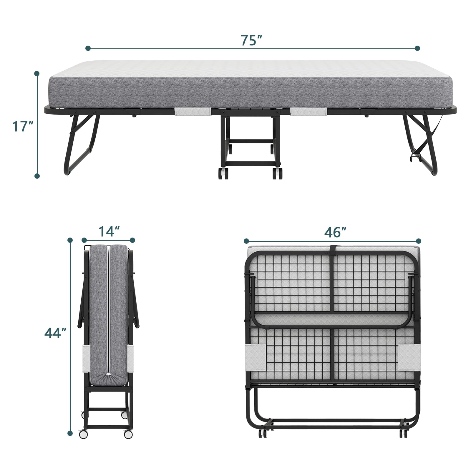 Espsilto Folding Bed With Mattress For Adults, Rollaway Bed With Memory Foam Mattress, Space Saving Foldable Bed Large Size 75''