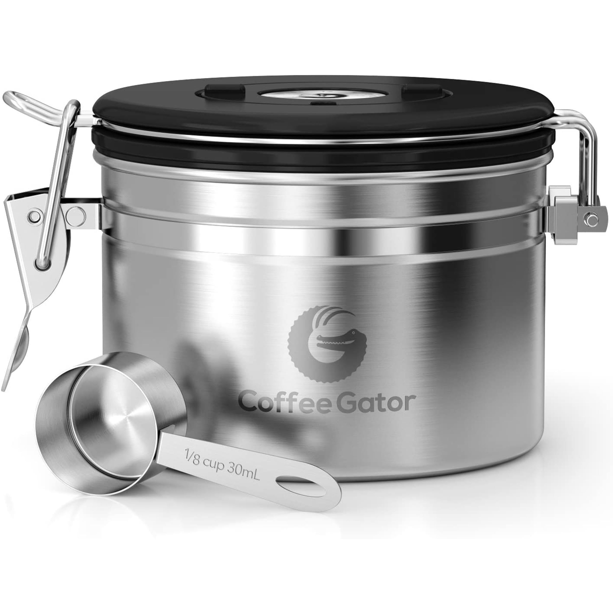 Coffee Gator Stainless Steel Canister - Small 11Oz, Silver Coffee Grounds And Beans Container With Date-Tracker, Co2-Release Val