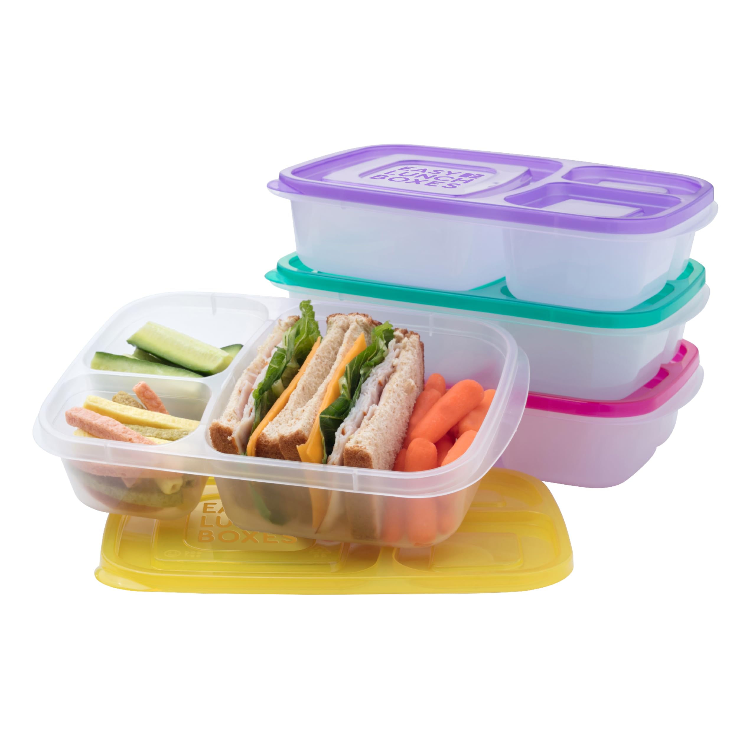 Easylunchboxes - Bento Lunch Boxes - Reusable 3-Compartment Food Containers For School, Work, And Travel, Set Of 4 (Brights)