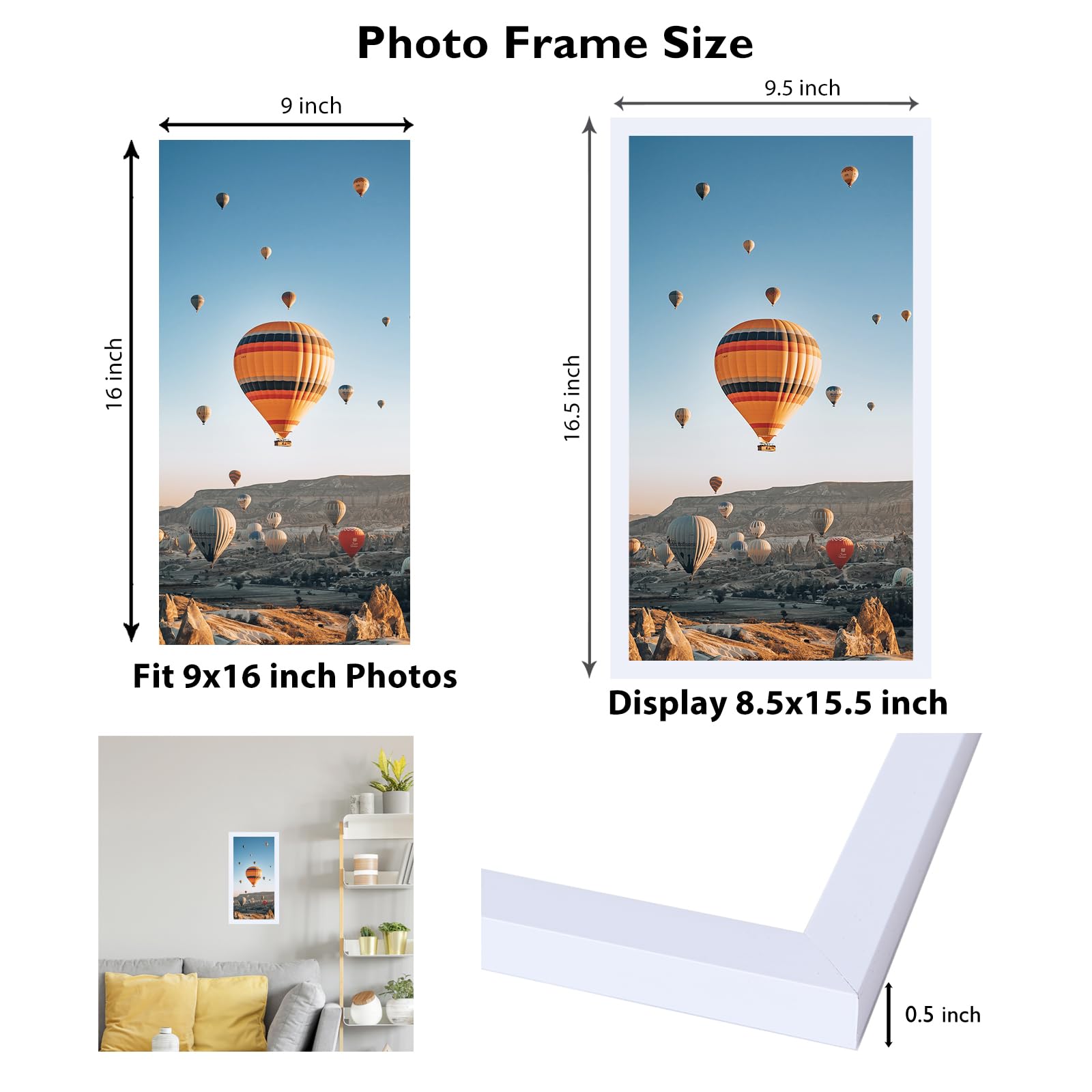 JCJMY 9x16 Picture Frame White for Wall Hanging, Wall Mounting Horizontally or Vertically, 9 x 16 Wall Gallery Poster Photo Fram