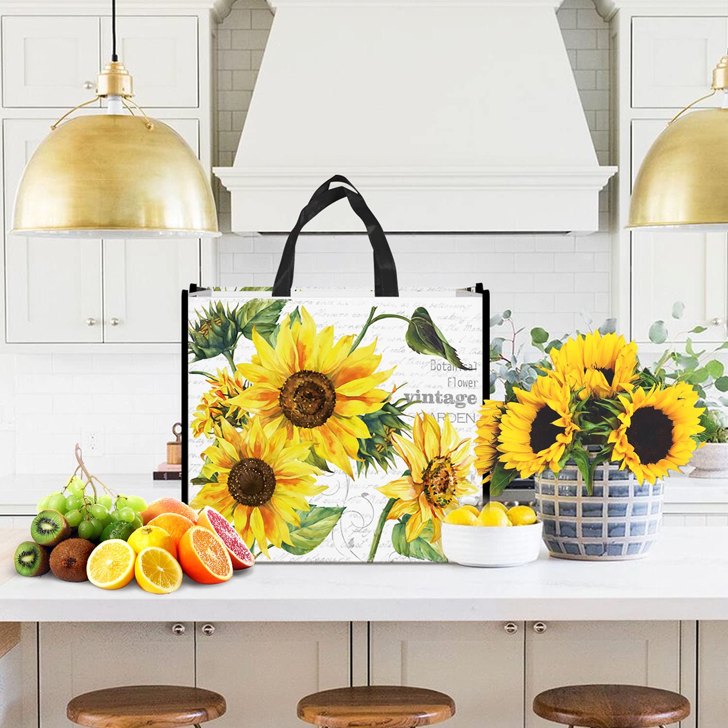 Nymphfable 5 Pack Reusable Shopping Bags Sun Flowers Washable Grocery Bags Fabric Tote Bag