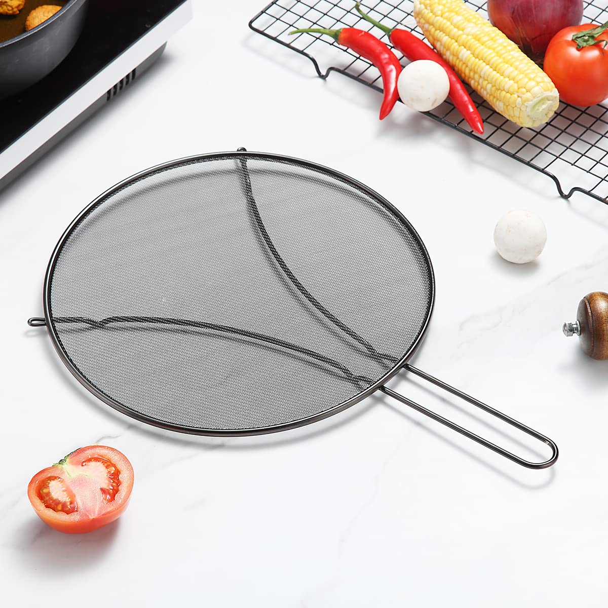 Evanda 12'' Black Splatter Screen For Cooking, Stainless Steel Fine Mesh For Frying Pan, Grease Guard For Pan To Stop Hot Oil Sp