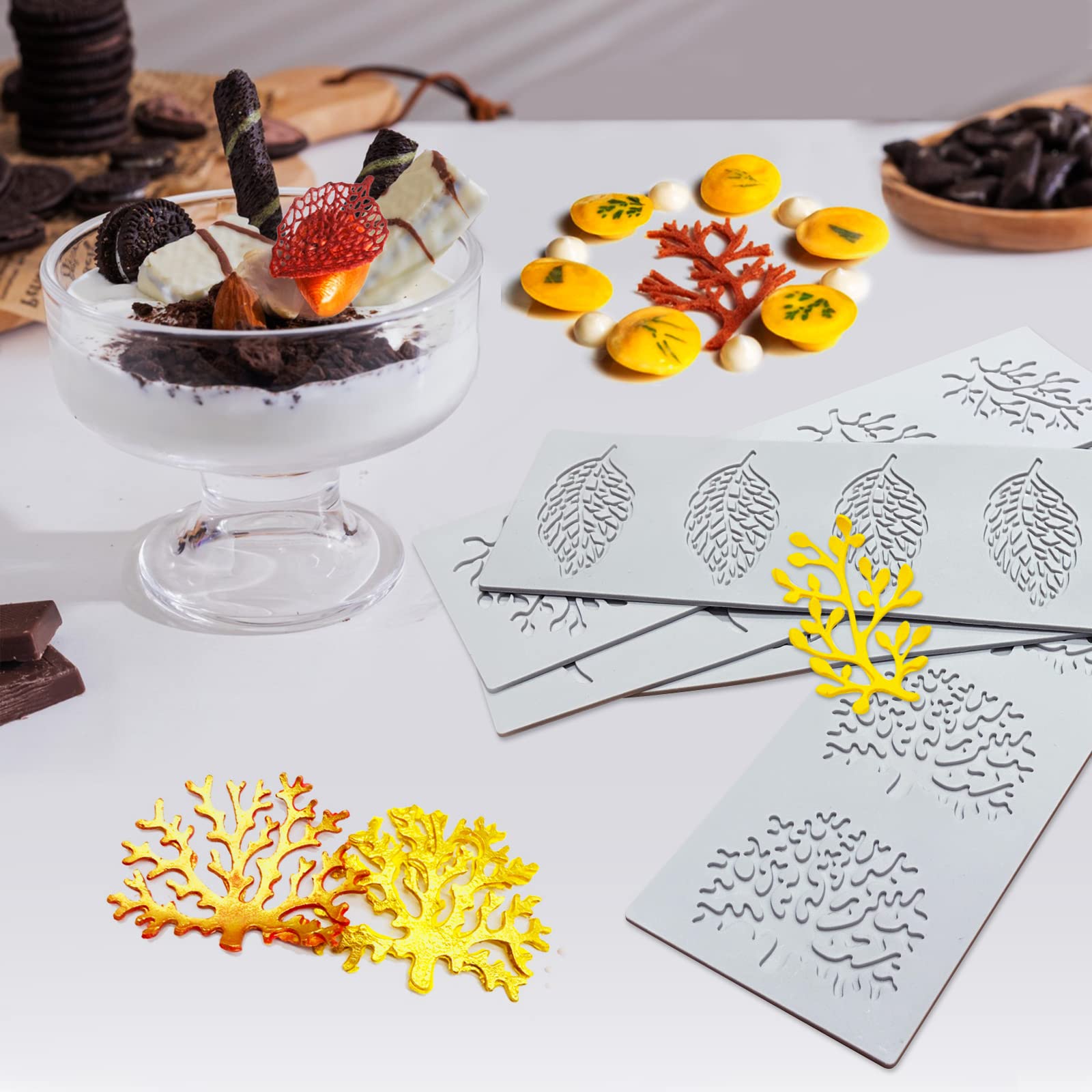 5Pcs Leaf Molds Silicone Baking Molds Fondant Molds, Hollow 3D Coral Branch Leaf Tuile Lace Silicone Cake Molds, Polymer Clay Mo