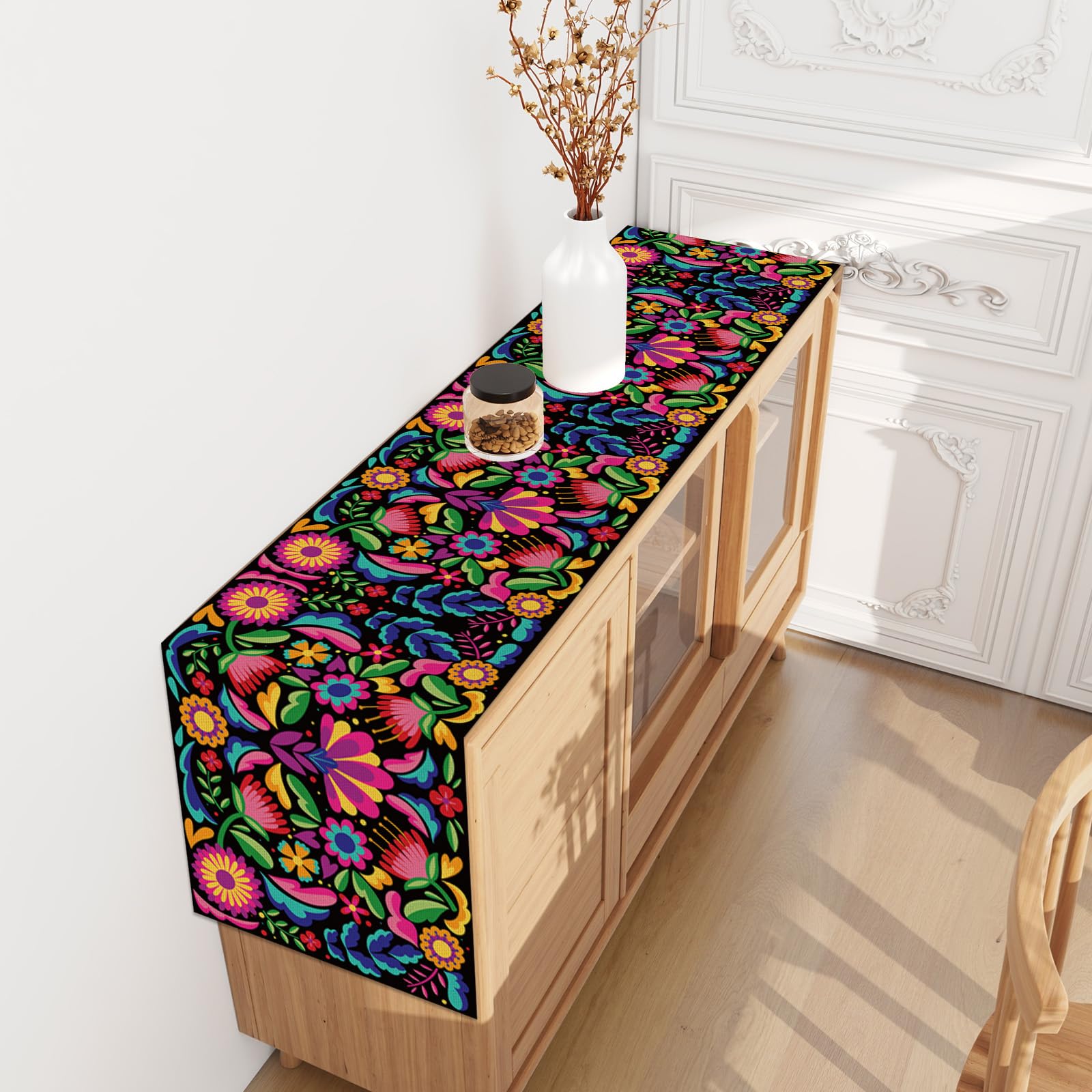 Jiudungs Linen Mexican Fiesta Table Runner, 90" Long, Red, Dia De Los Muertos Decor, Model LYN-1256-90-A