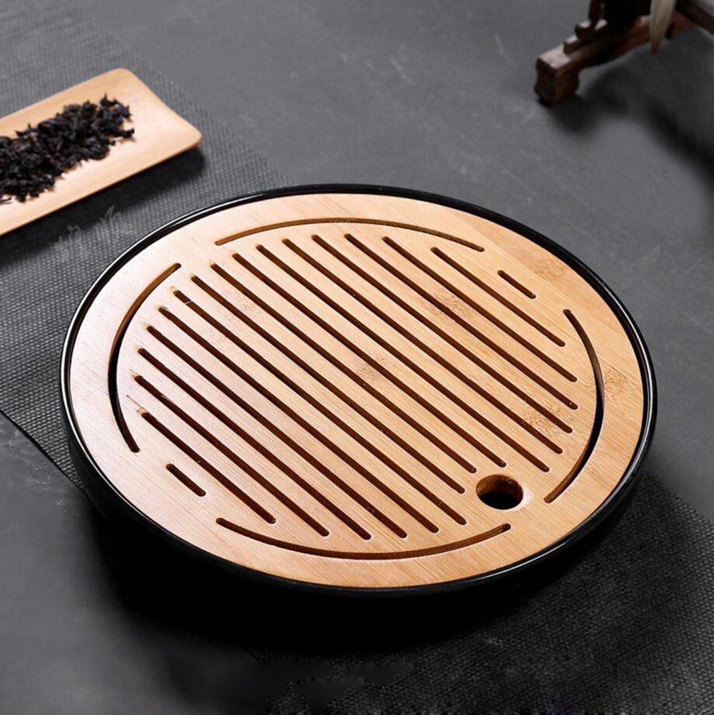 Hoobar Bamboo Kungfu Tea Tray Round Table Serving Tray Chinese Style Water Storage (Round Black)