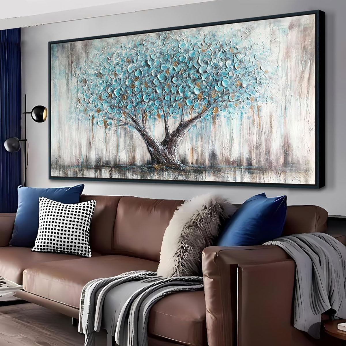 Arjun Blue Tree Wall Art Nature Tree Of Life Abstract Canvas Painting Textured Picture Panoramic Landscape Artwork For Living Ro