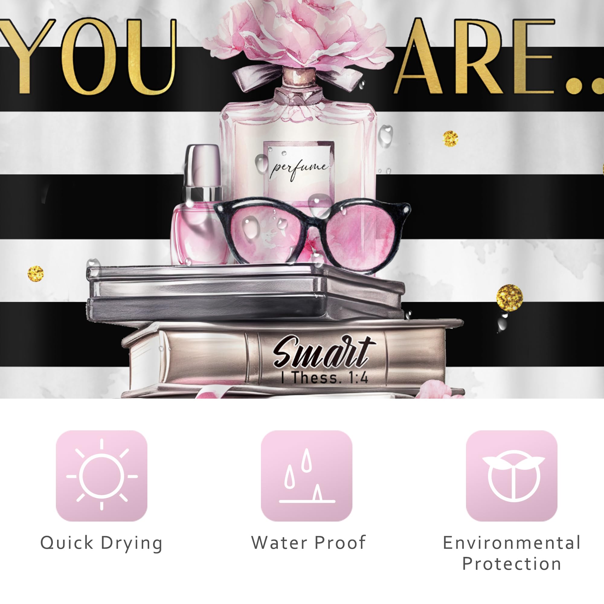 Riyidecor Fashion Quotes Shower Curtain 60Wx72H Inch Woman Black White Striped You Are Pink Modern Magazine Books Perfume Flower