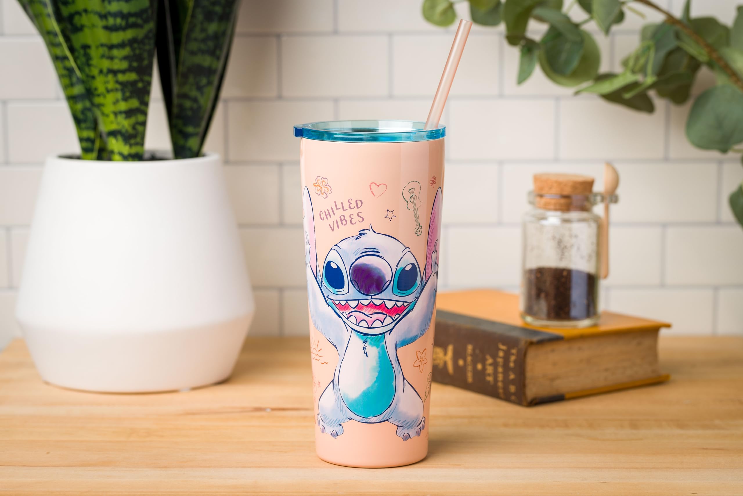Silver Buffalo Disney Lilo And Stitch Island Doodles Chilled Vibes Double Walled Stainless Steel Tumbler With Straw, 22 Ounces