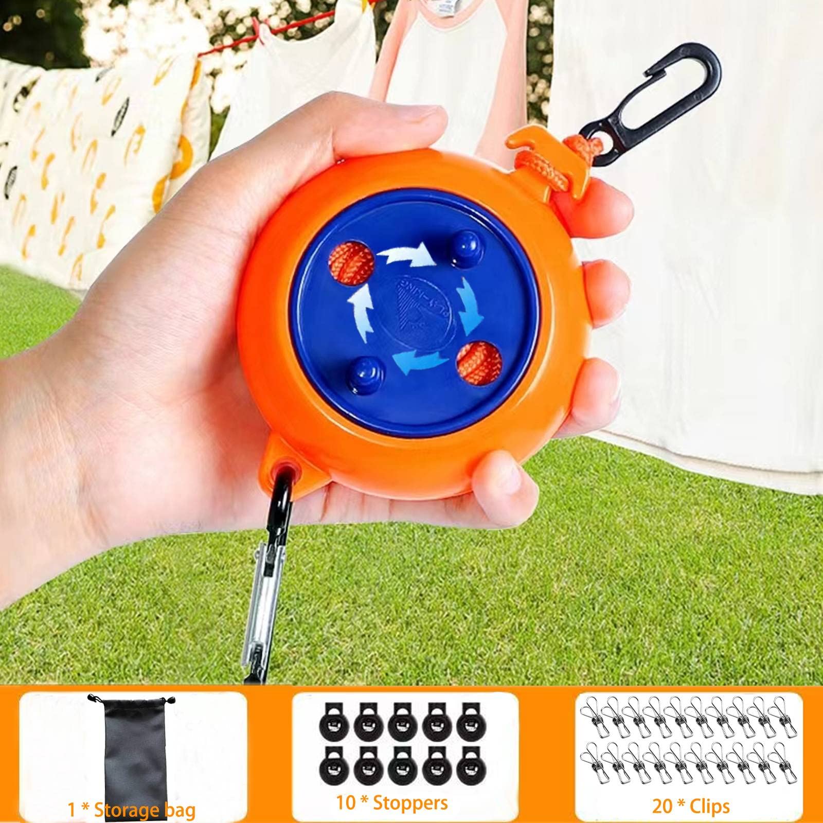 QeeHeng camping Retractable clothesline Adjustable 26ft camping clothesline with 20 Windproof clothespins 10 Stoppers