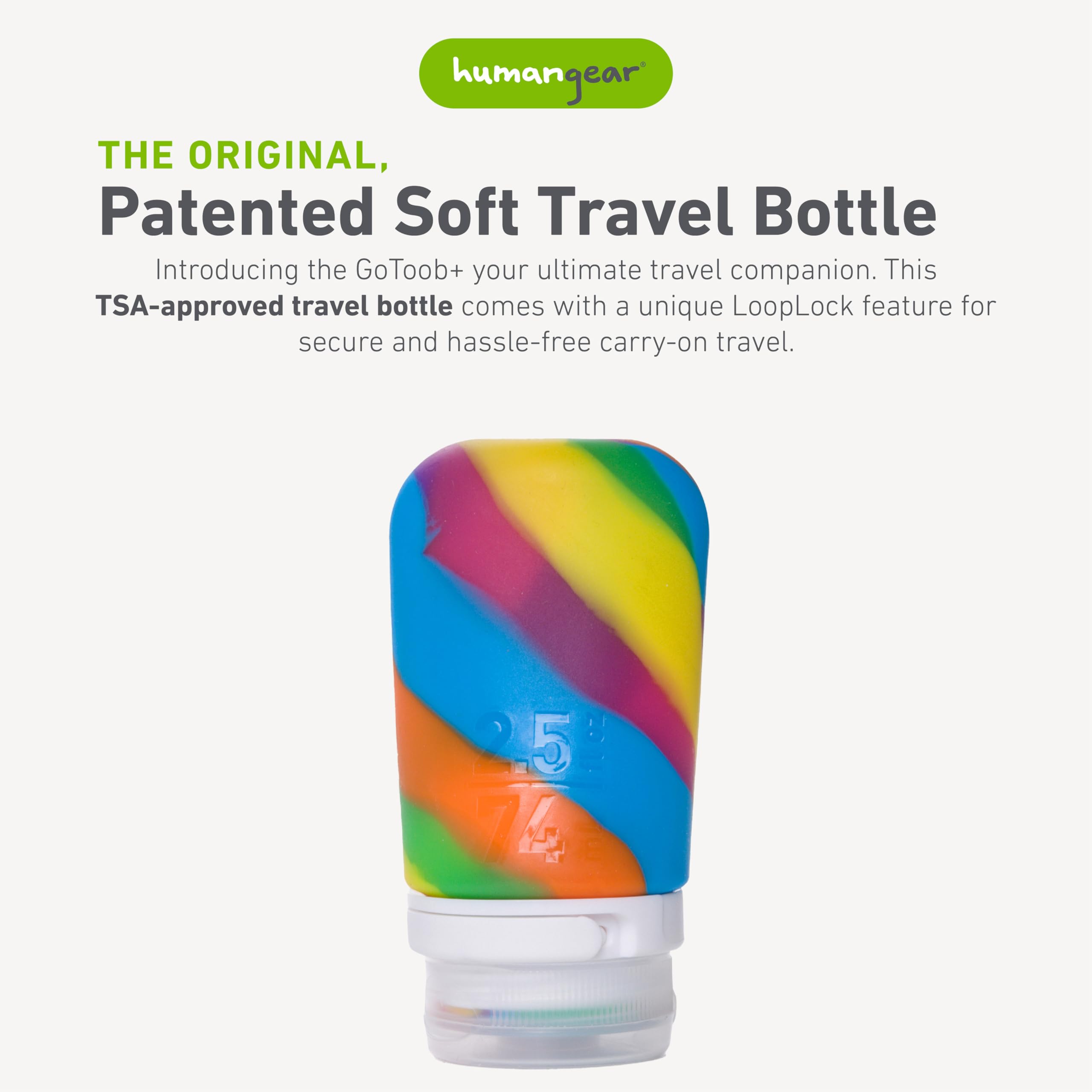Humangear Gotoob+ (Medium) | Refillable Silicone Travel Bottle | Locking Lid | Food-Safe Material | Rainbow, Medium (2.5 Fl.Oz.;