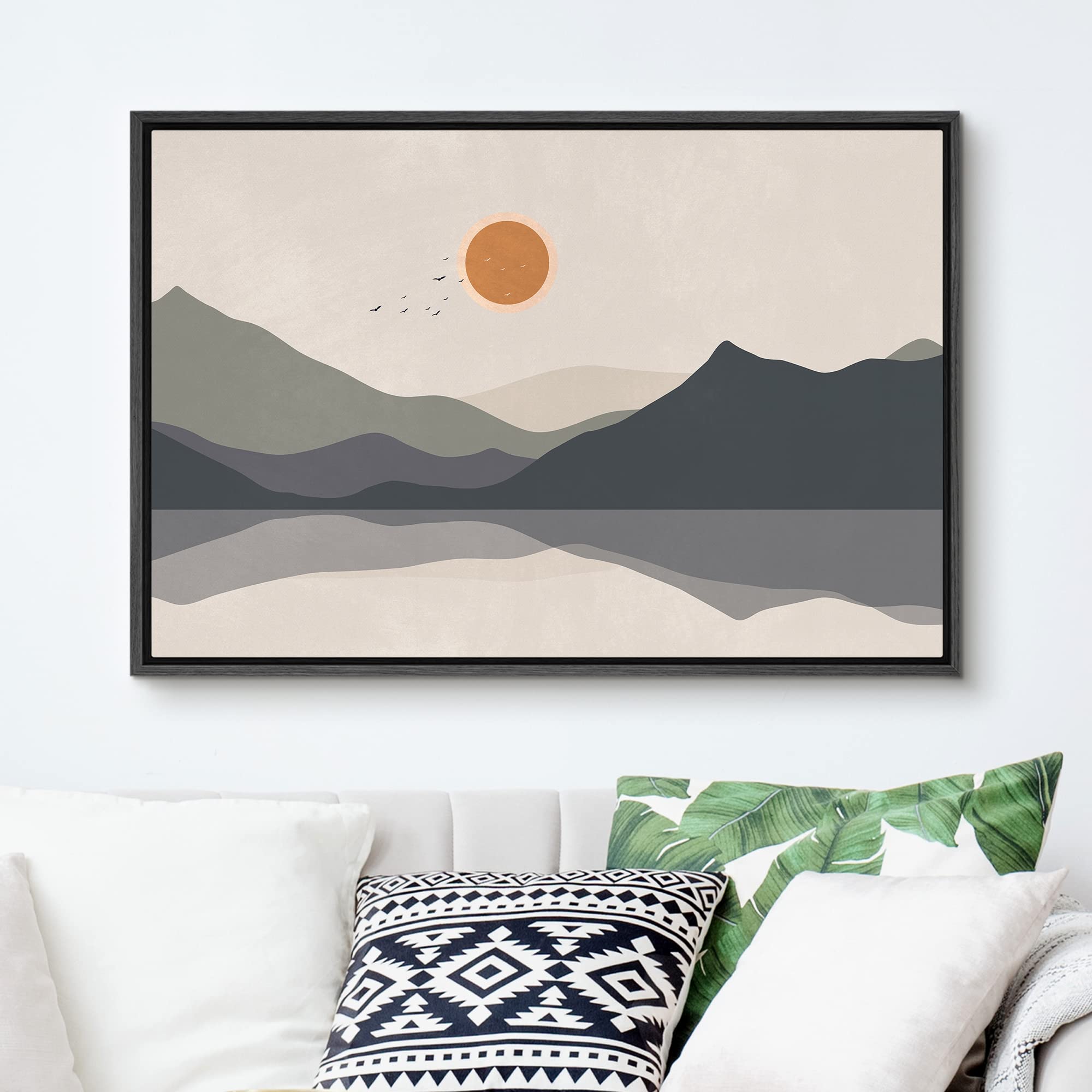 Signford Framed Canvas Print Wall Art Pastel Mountain Lake Reflection Nature Wilderness Illustrations Modern Art Decorative Boho