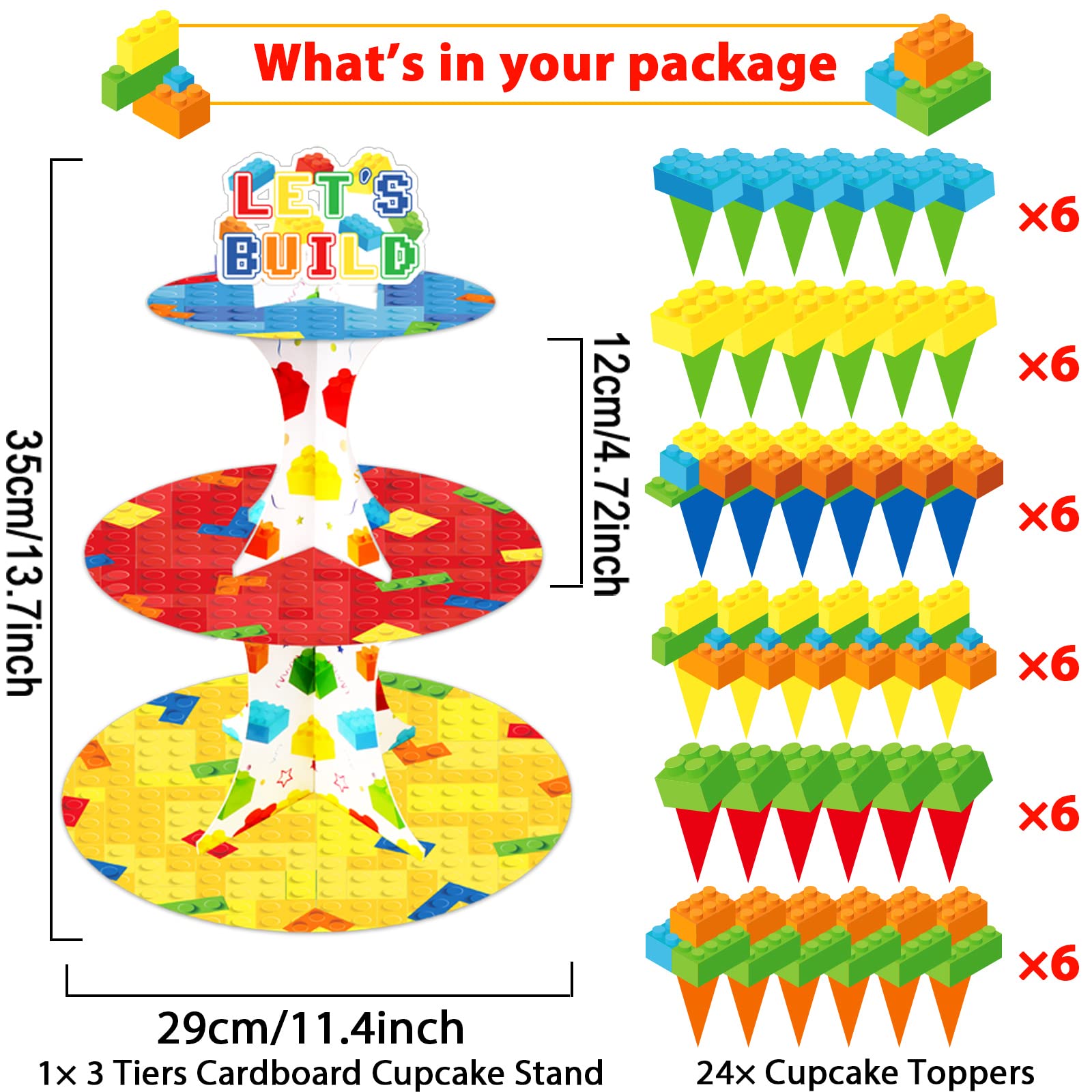 Building Block Cupcake Stand With 24Pcs Cupcake Toppers For Blocks Birthday Party Decorations 3 Tire Brick Themed Cupcake Desser