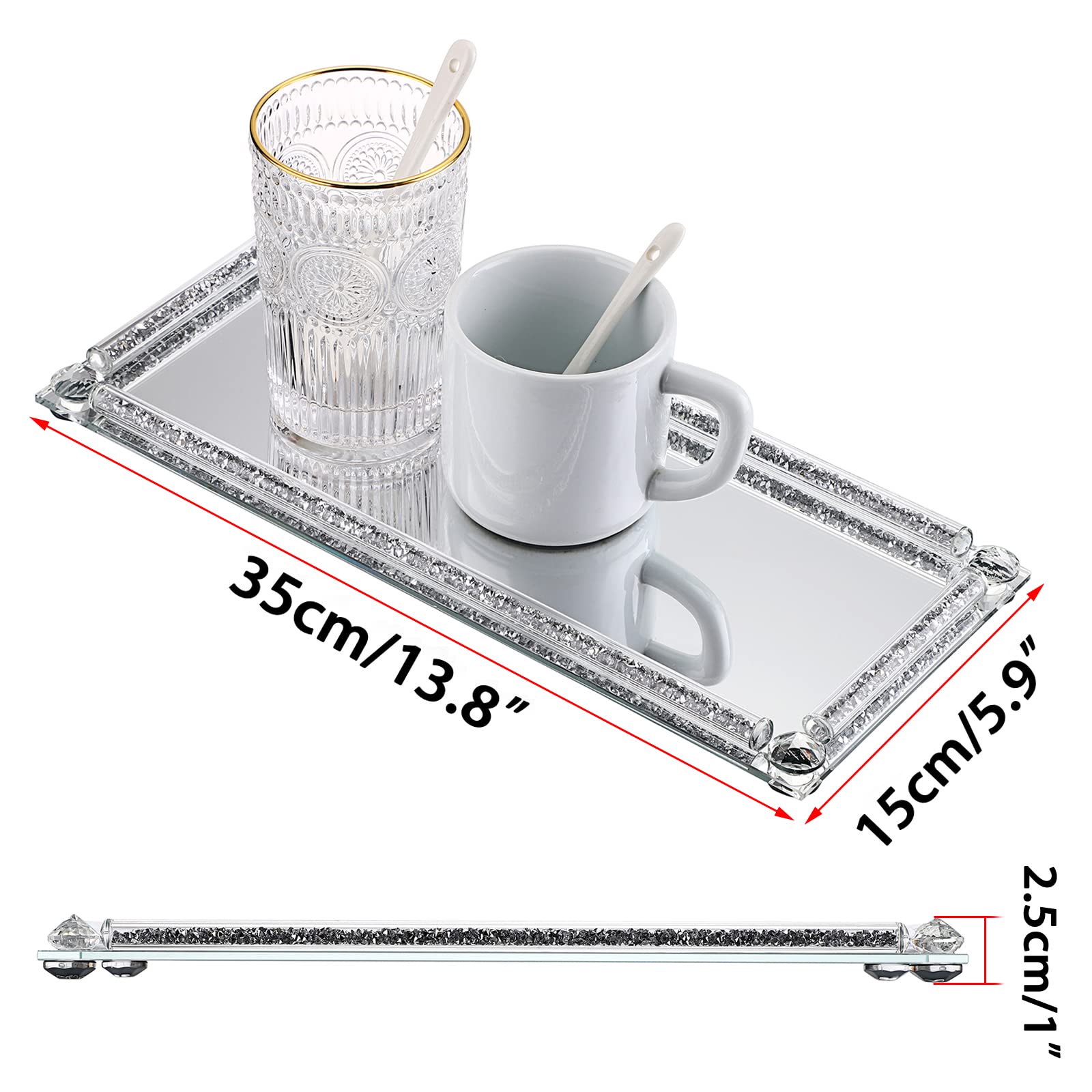 Juxyes Crushed Diamond Cosmetic Makeup Tray Sparkle Mirrored Vanity Tray, Heavy Decorative Jewelry Trinket Countertop Mirrored D