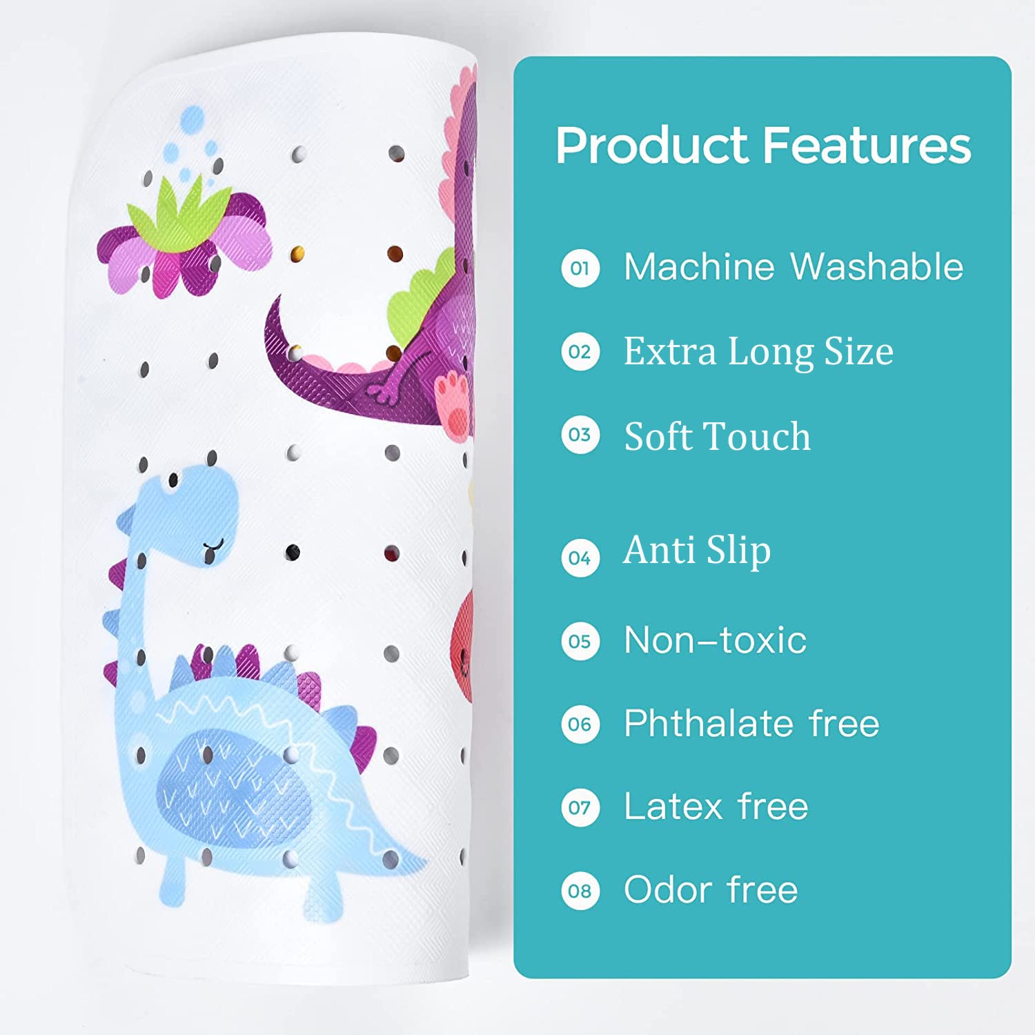 Tubozadi Bath Mat for Tub for Kids Dinosaur Non Slip Bathtub Mat for Baby Toddler 40X16 Inch Long Anti Skid Bathroom Shower Mat with Suction Cups & Drain Holes