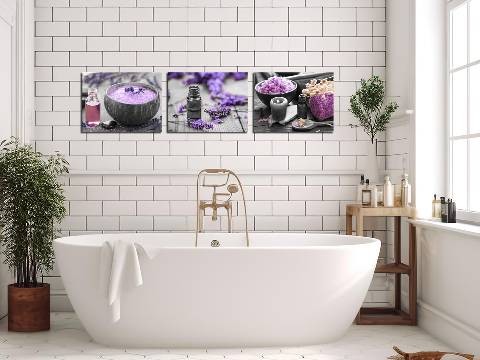 LevvArts 3 Piece Canvas Wall Art for Bathroom Wall Decor Purple Lavender Flower and Spa Salt Picture Painting Print on Canvas Zen Still Life Artwork Stretched Canvas Ready to Hang 12x16inchesx3pcs