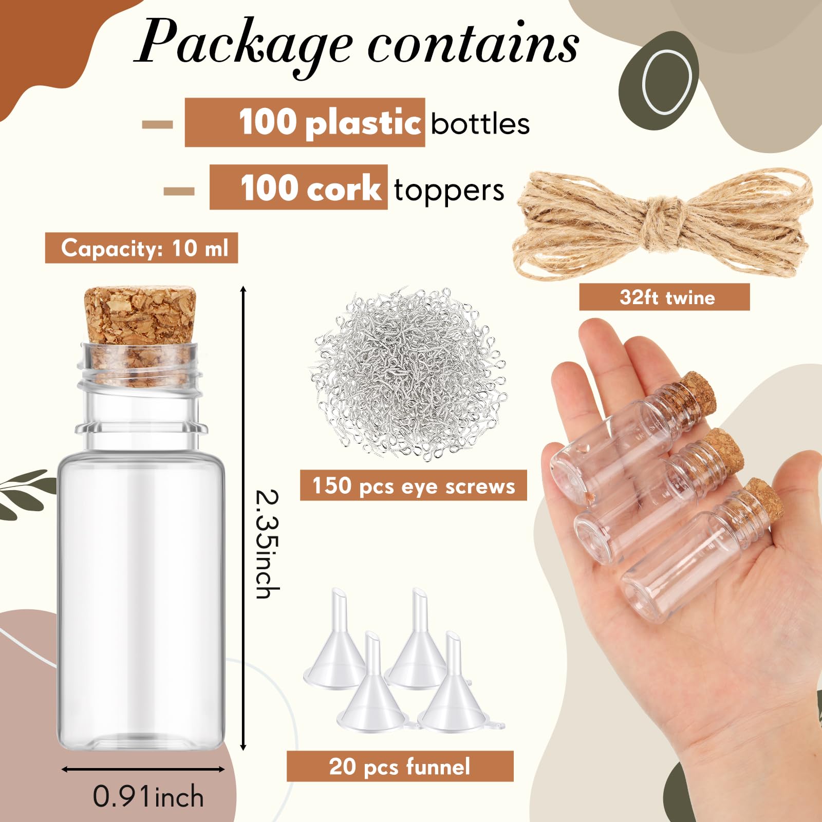 Bokon 100 Packs Mini Plastic Bottles with Corks Stoppers Eye Screws Funnels Small Potion Bottles Tiny Clear Sand Art Jar Wishing