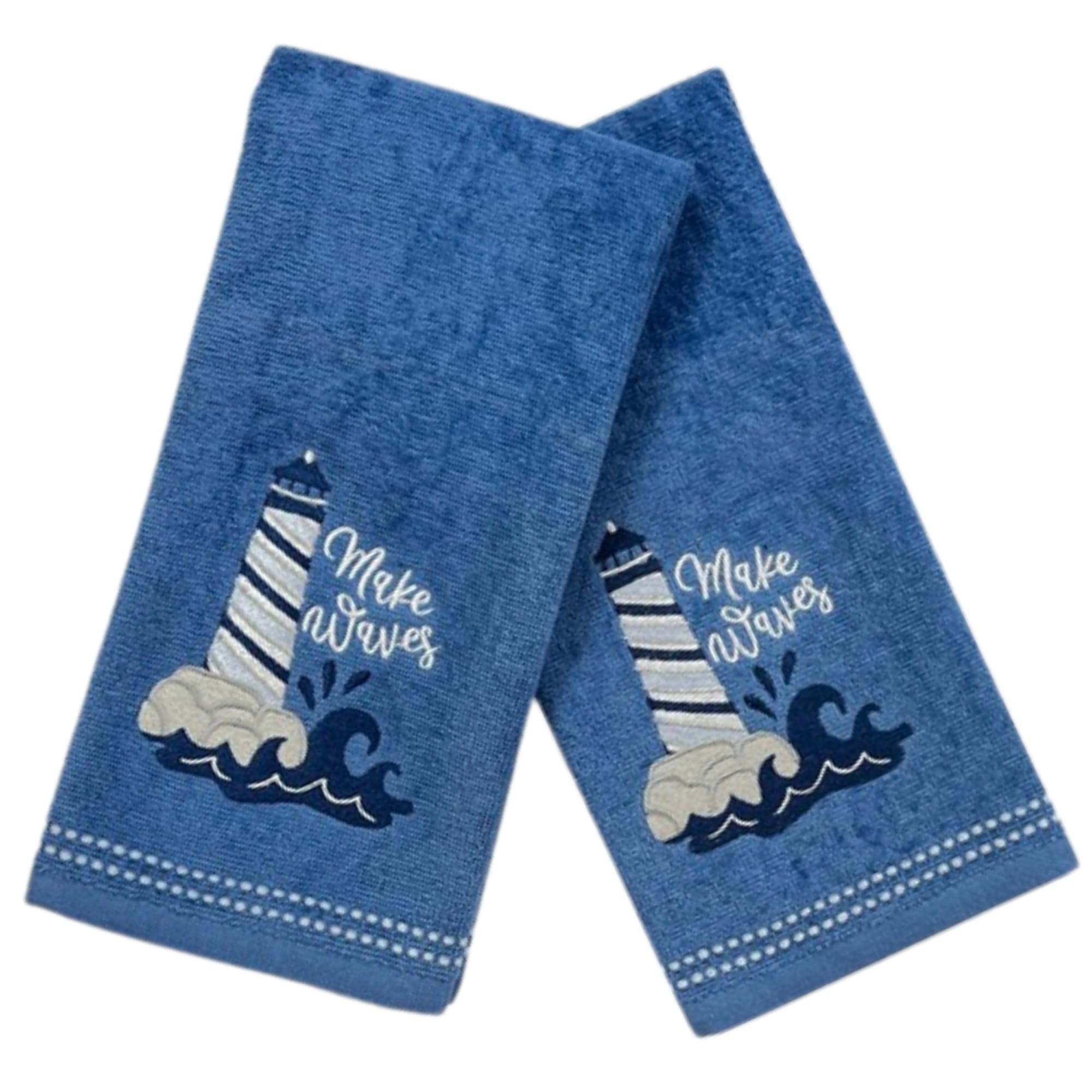 Serafina Home Coastal Lighthouse Bath Hand Towels, Embroidered Make Waves Lighthouse Waves 16 X 25 Inches, 2 Piece Set, Blue