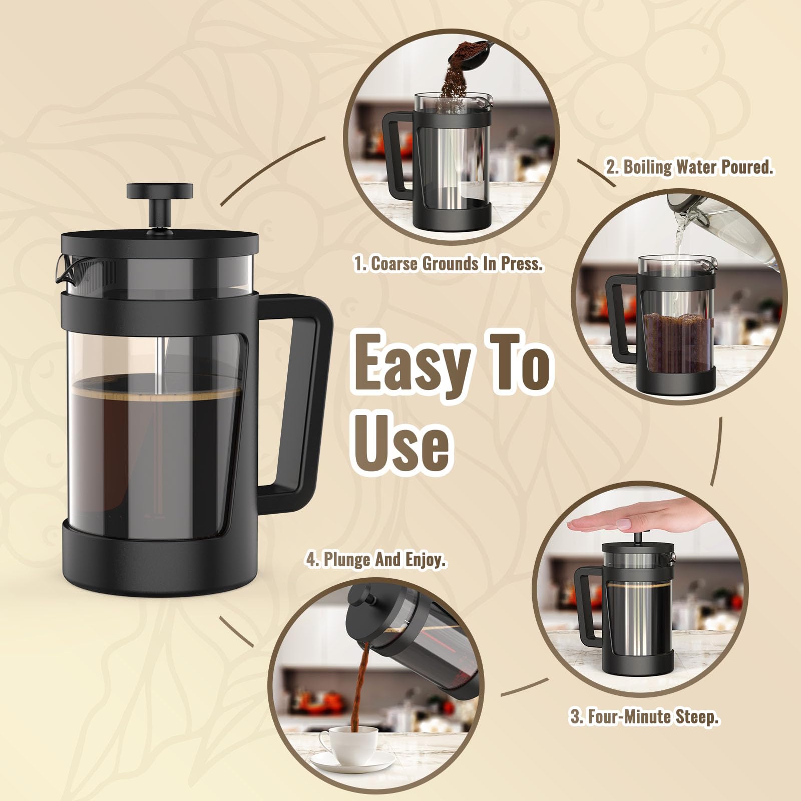 Rainbean Small French Press 12 Oz, Mini French Press Coffee Maker 1 Cup, Single Serve Coffee Press, Coffee Brewer With 3 Level F