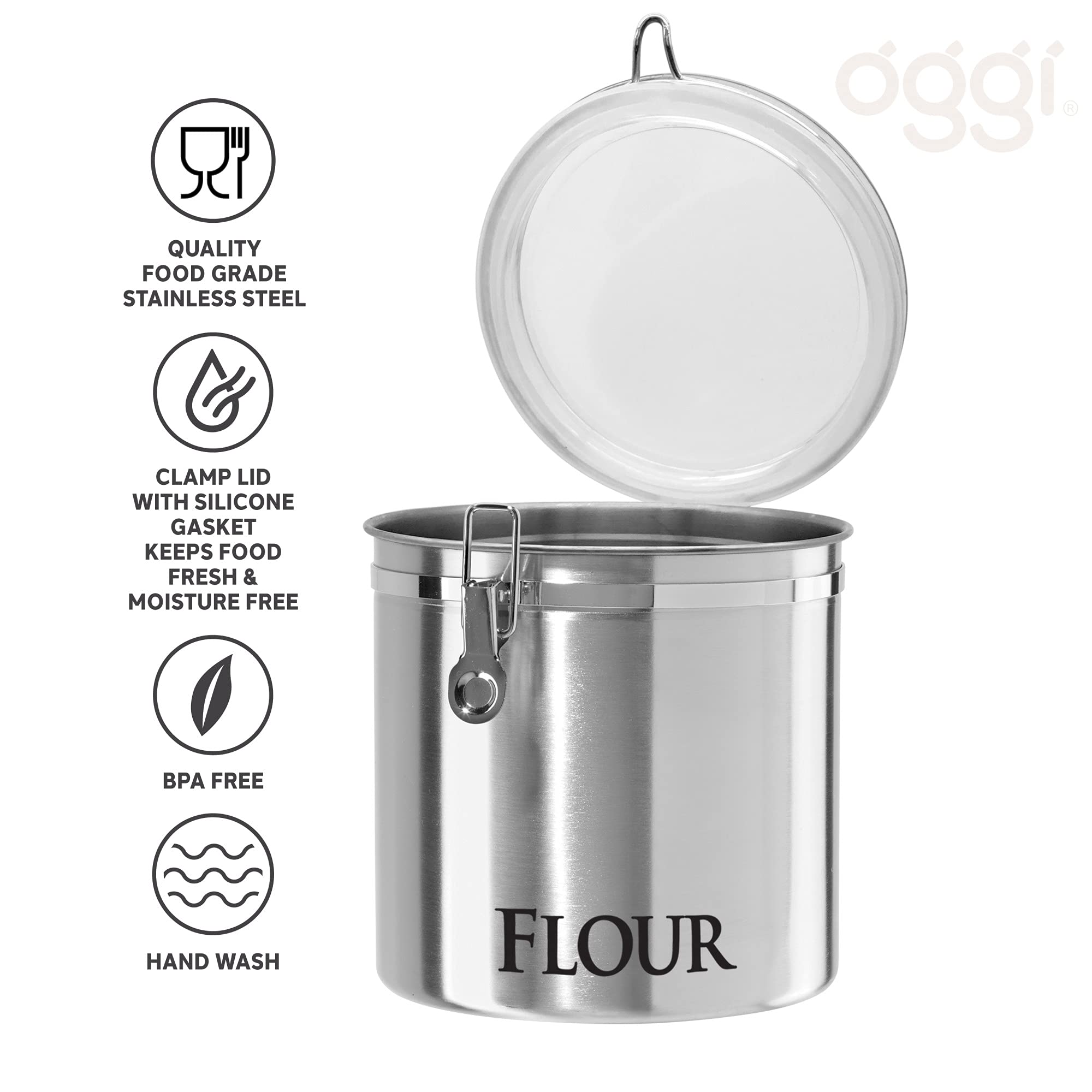 Oggi Jumbo 8'' Stainless Steel Flour Clamp Canister - Airtight Food Storage Container Ideal For Kitchen & Pantry Storage Of Flou