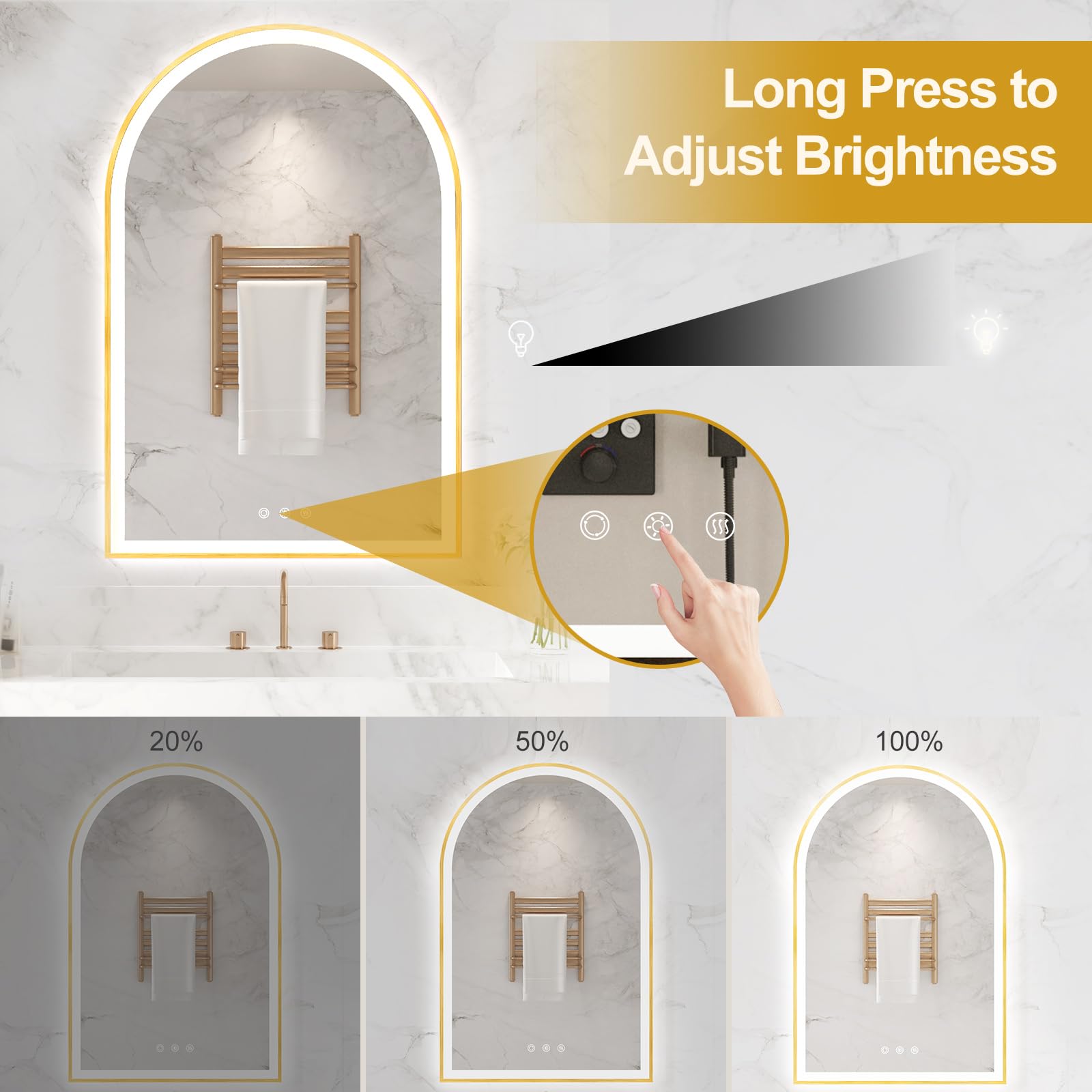 Oumusu Arched Led Bathroom Mirror 24''X36'' With Front And Backlight, Gold Bathroom Mirror With Lights-Anti-Fog, Dimmable-Led Mi