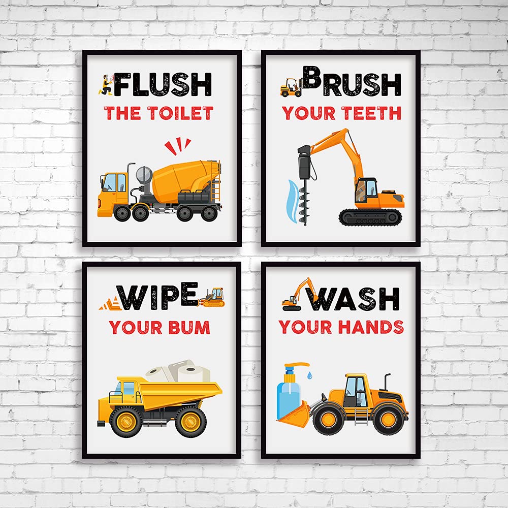 Suuura-Oo Funny Truck Bathroom Art Prints Set Of 4(8   X10   ), Watercolor Vehicle Paintings Truck Wall Art Poster For Nursery B