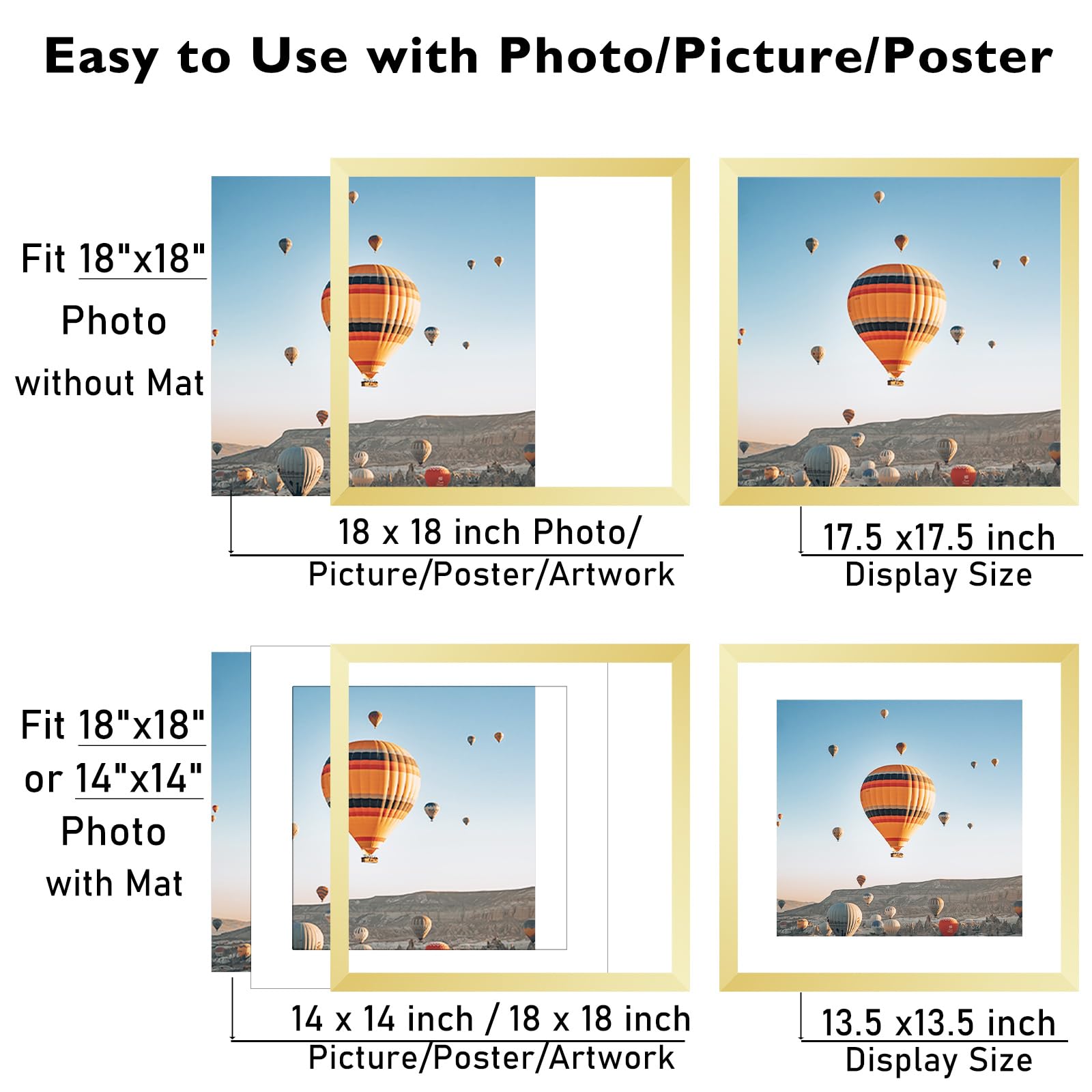 JCJMY 18x18 Picture Frame Gold with 14x14 Mat, Display Photo 14x14 with Mat or 18 x 18 Without Mat, Wall Hanging Large 18x18 Pos