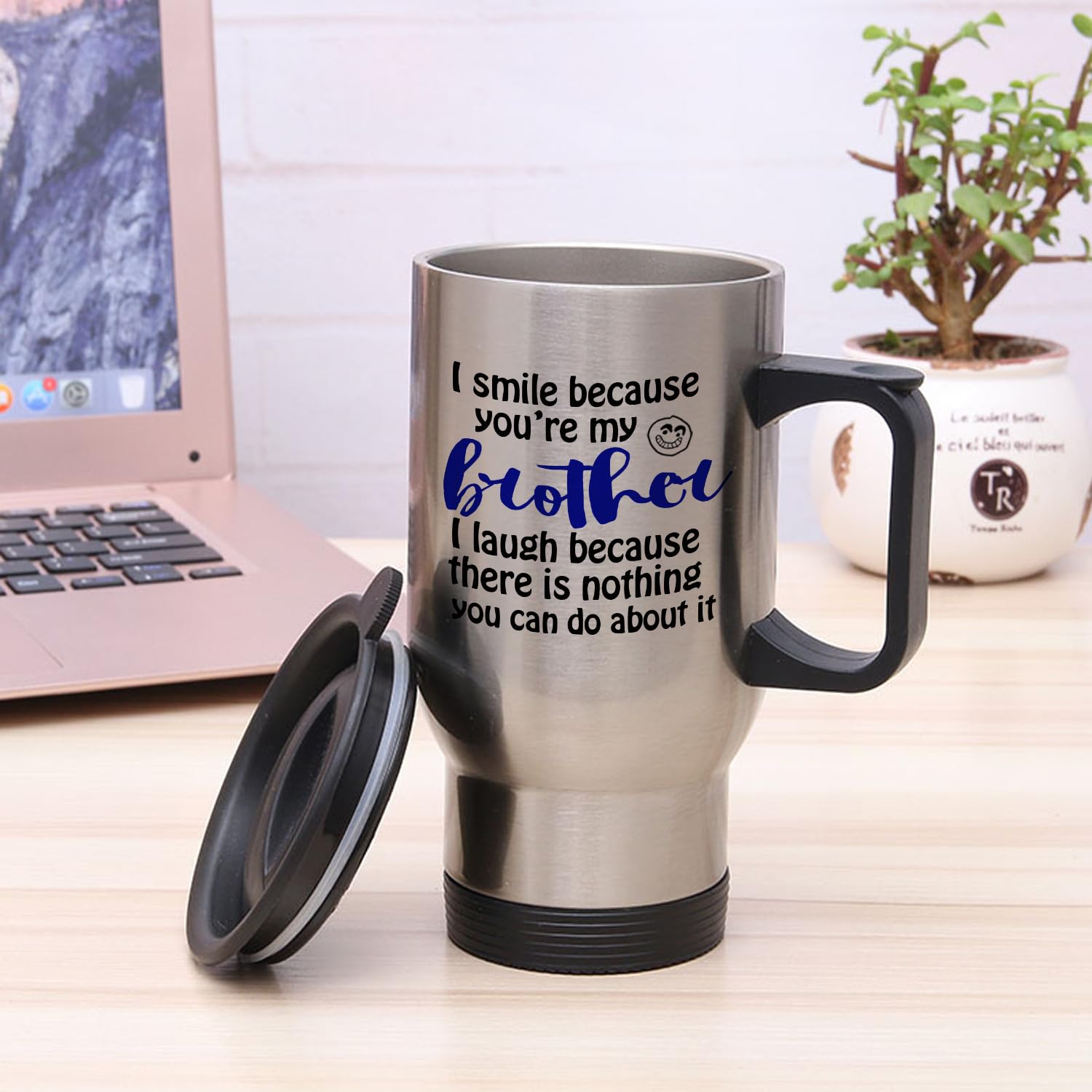 Travel Mugs I Smile Because You'Re My Brother Funny Gifts For Brother 14Oz Silver Mugs