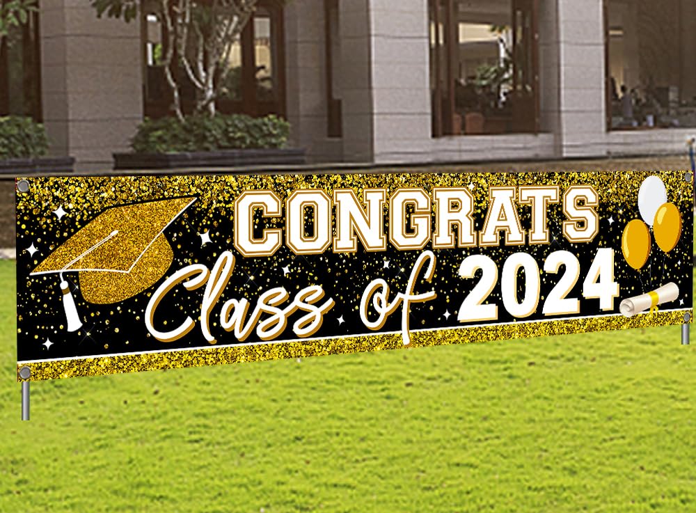 Large Congrats Grad Banner Gold Class Of 2024 Banner Backdrop Graduation 2024 Yard Sign For Graduation Party Supplies Graduation