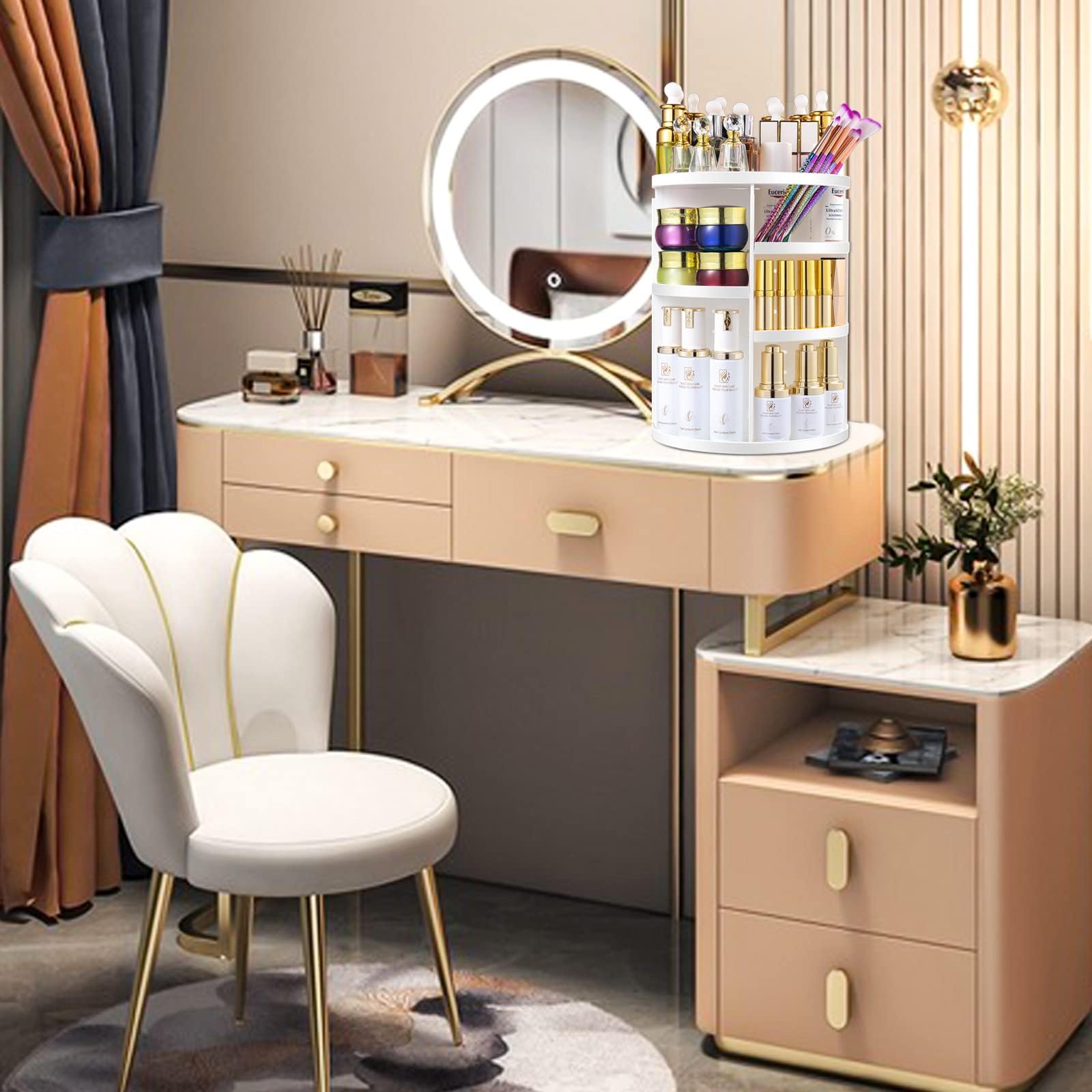 sanipoe 360 Makeup Organizer  DIY Detachable Spinning Cosmetic Makeup Caddy Storage DIsplay Bag Case Large Capacity Makeup Box Acrylic Vanity Organizer Box  Great for Countertop and Bathroom  White