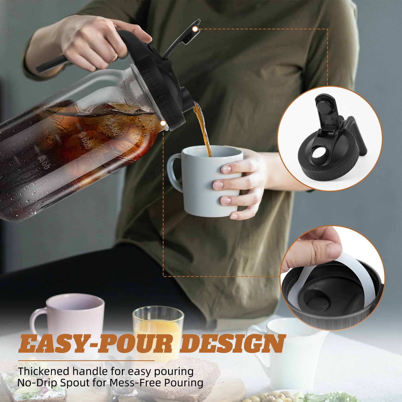 Cold Brew Coffee Maker - 64 Oz Wide Mouth Mason Jar Pitcher With Stainless Steel Filter, Coffee Scoop, And Cleaning Brush -Glass