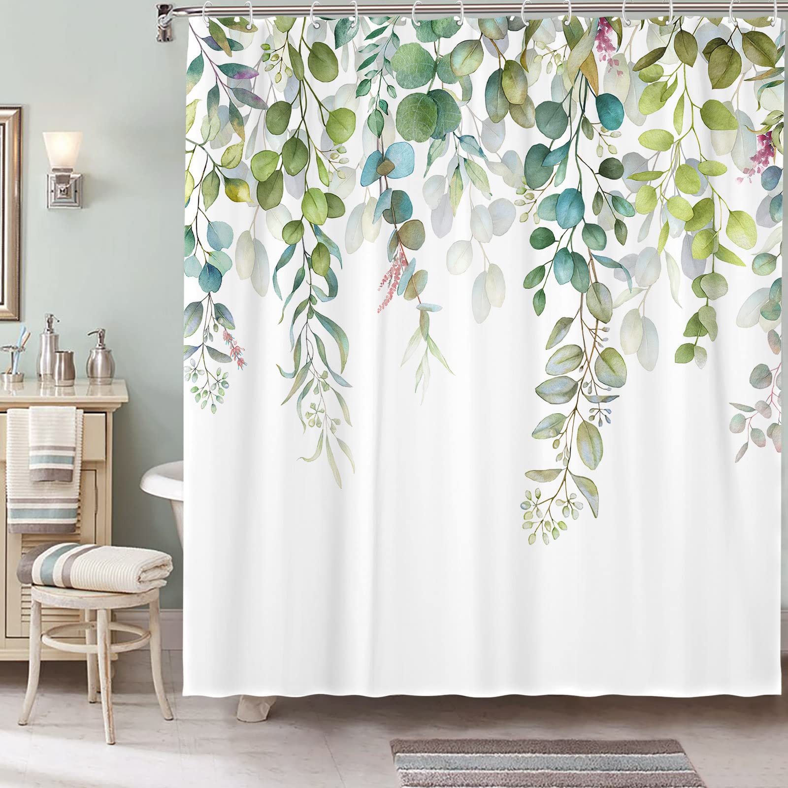 Zussun Long Green Eucalyptus Shower Curtain Watercolor Teal Plant Leaf Bathroom Shower Curtains Waterproof Fabric Botanical Flow