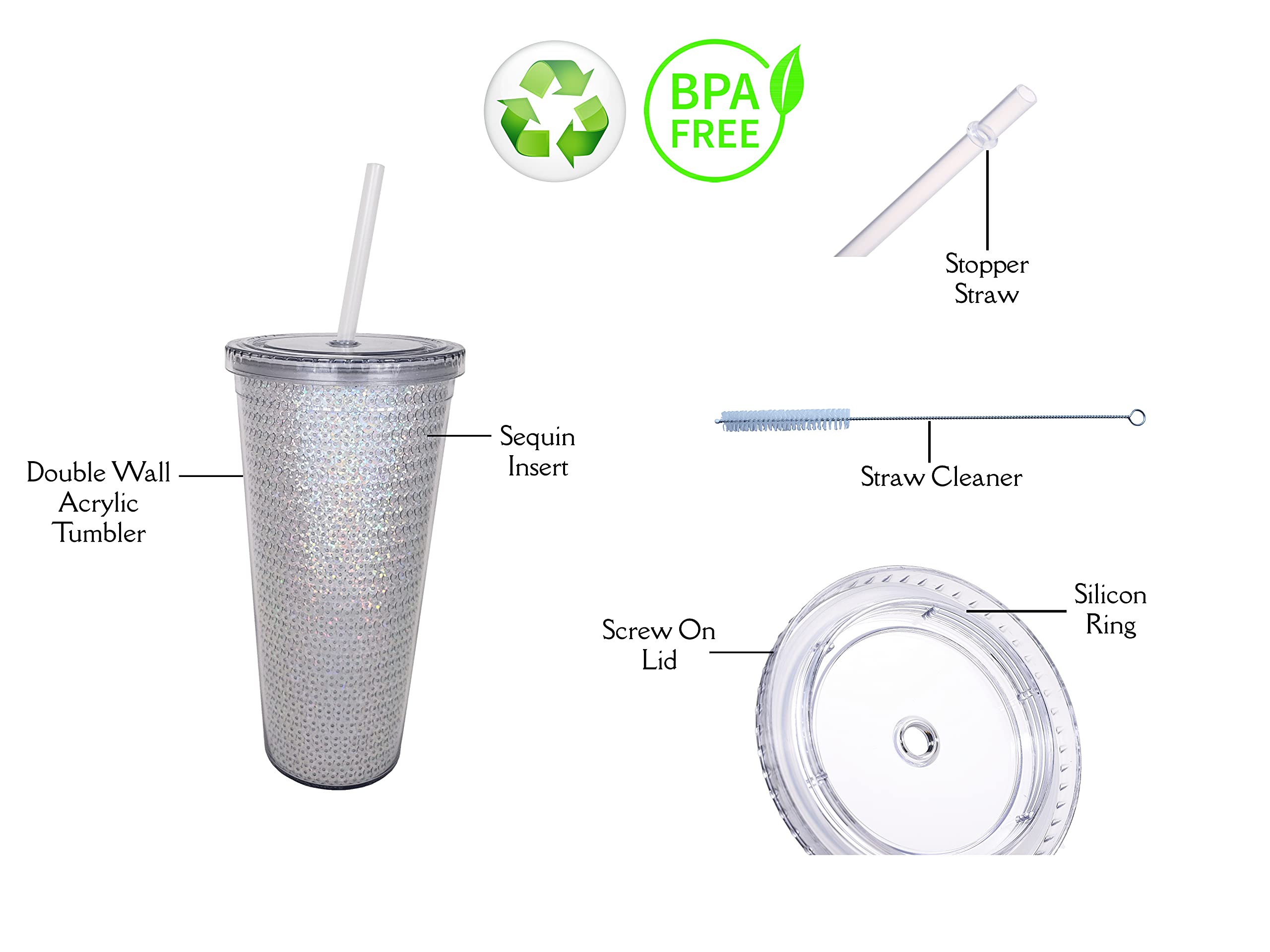 Essential Drinkware 24Oz Glamour Sequin Glitter Tumbler Silver - Double Walled Acrylic, Spill Proof Cold Cup With Screw On Lid A