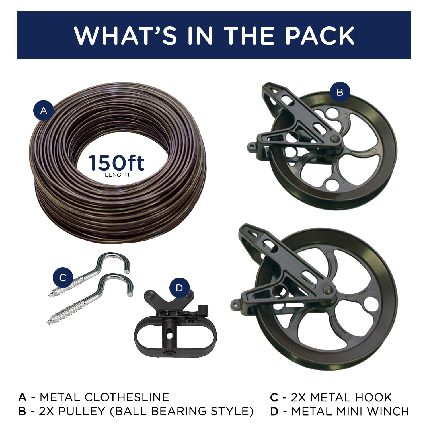 Strata Aged Bronze Harmony Clothesline Outdoor Heavy Duty Kit - 150 Feet Galvanized Wire Pvc Coating, 6.5'' Aged Bronze Clothesl