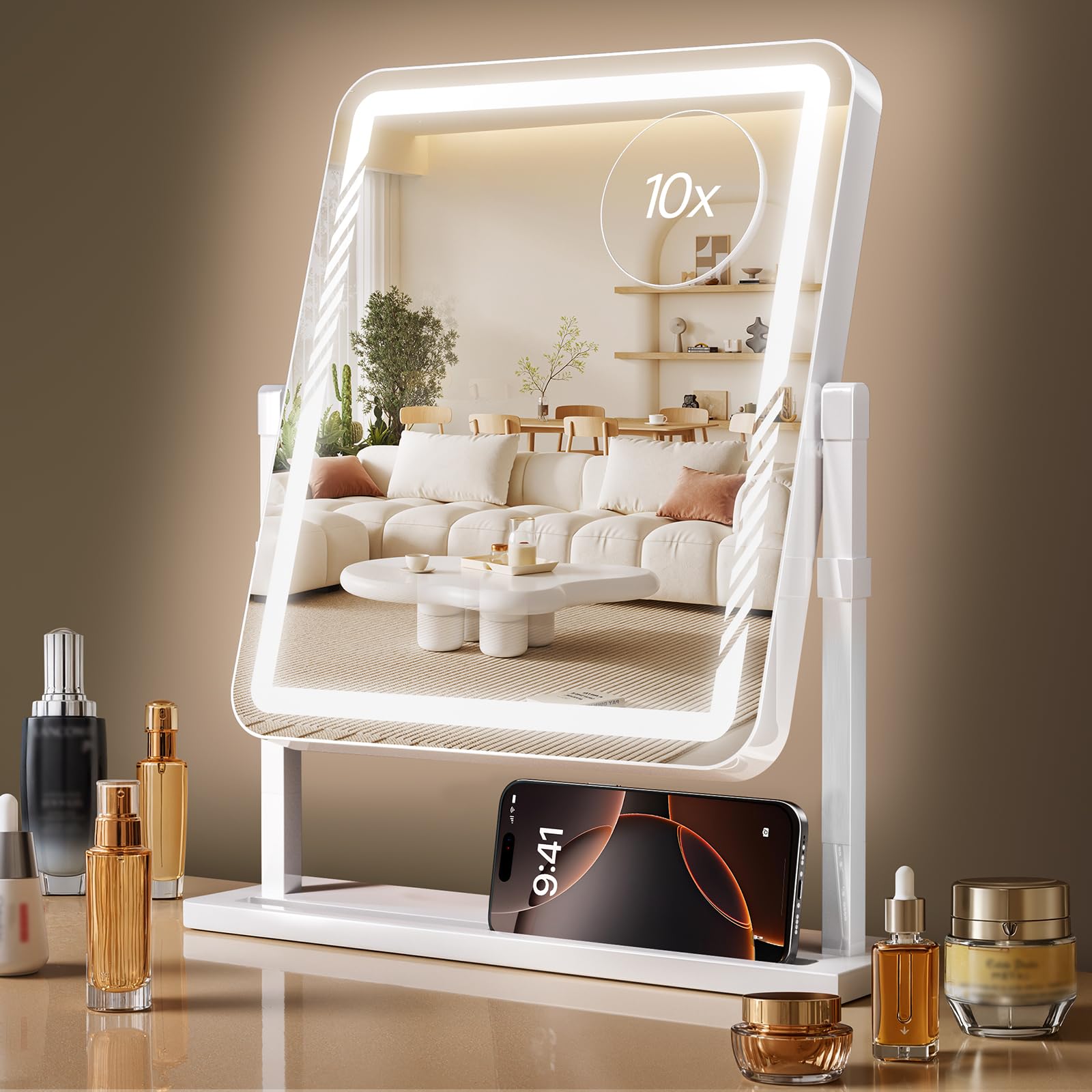 Kcavvi Vanity Mirror with Lights, Height-Adjustable & 360 Rotation, 1/10X Magnification, Three Color Lighting Modes, Makeup Mirr