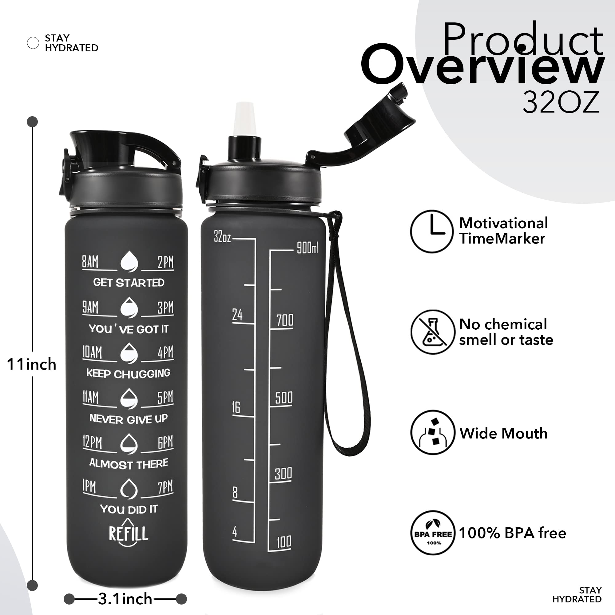 32 Oz Water Bottle With Storage Sleeve And Straw &Lid, Motivational Water Bottles With Times To Drink Bpa Free Reusable Gym Wate