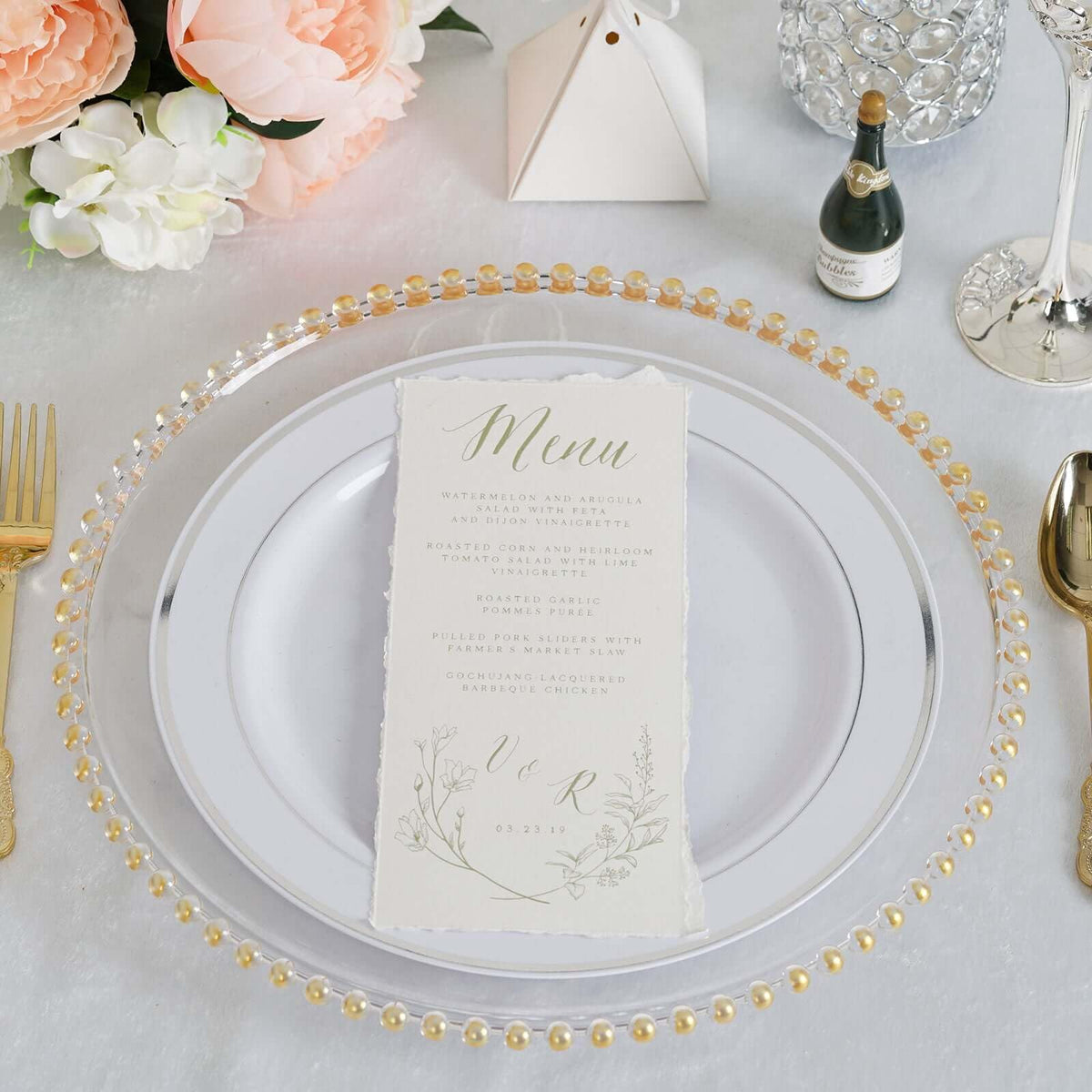 Tableclothsfactory 6 Pack 12'' Gold Clear Acrylic Round Charger Plates With Beaded Rim Dinner Charger Plates