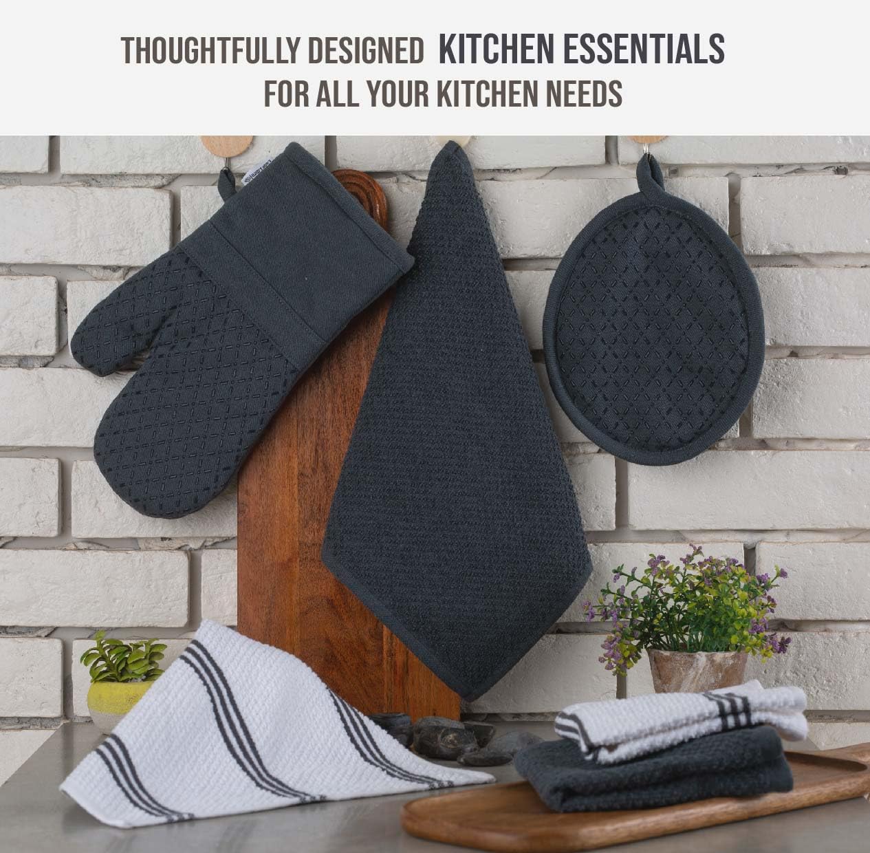 LANE LINEN Kitchen Towels and Dishcloths Sets - 16 Pc Kitchen Essentials for New Home, Heat Resistant Silicone Oven Mitts & Pot