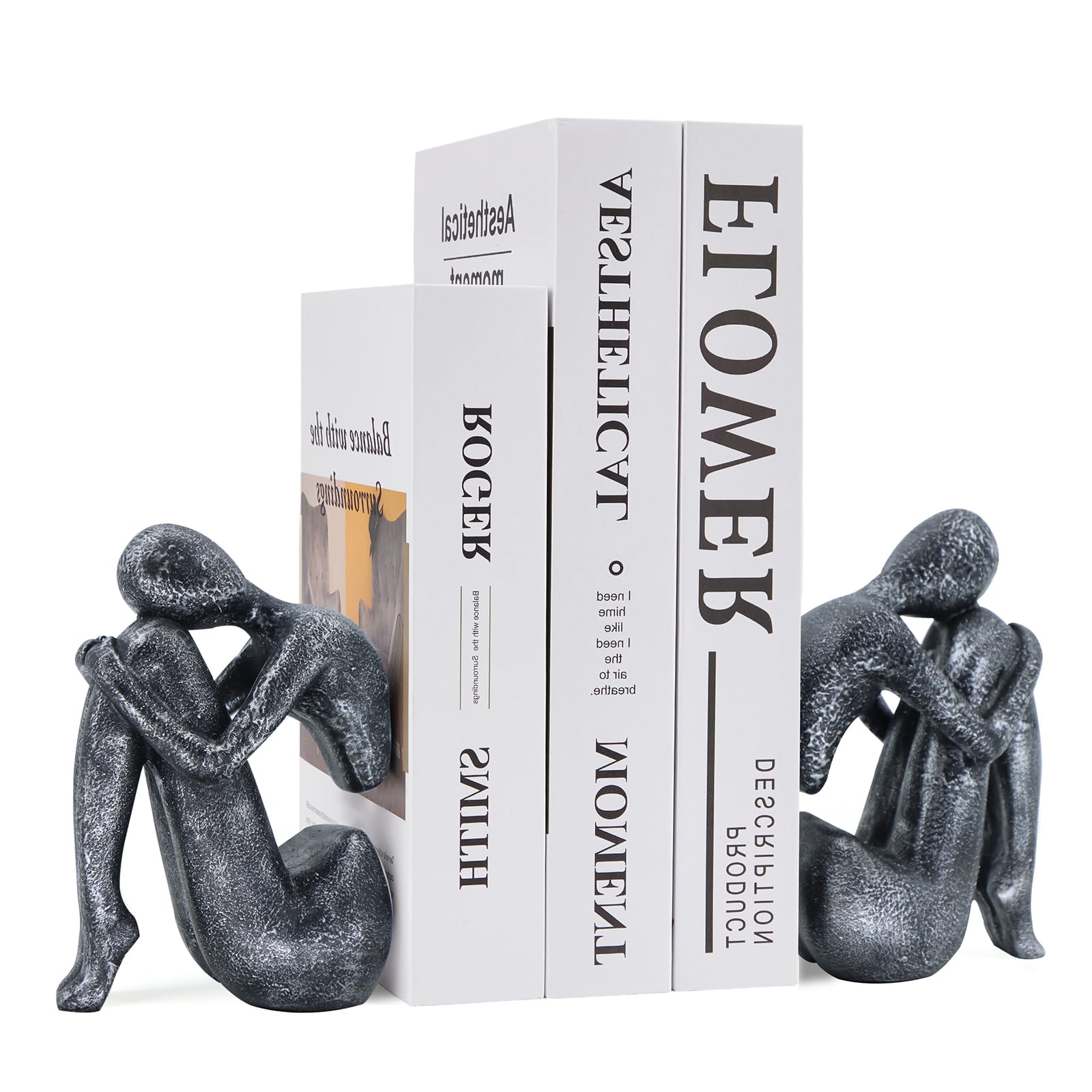 Xmeden Grey Book Ends Decorative, Girl Thinker Design, Modern Bookends for Shelves, Non-Skid Heavy Duty Resin Book Stopper for B