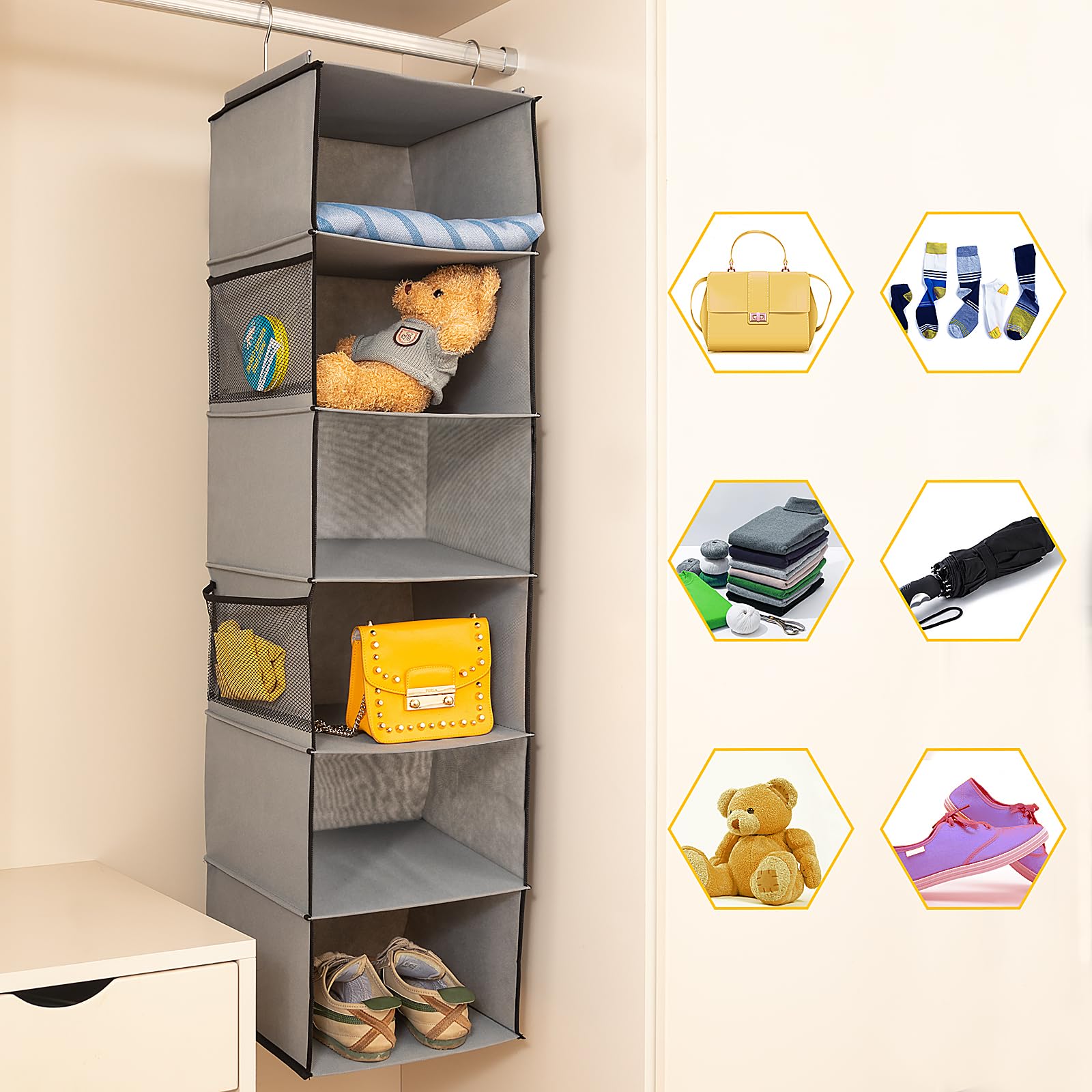 Brilliantjo 6 Shelves Hanging Closet Organizer, 2 Pack Hanging Storage With 4 Side Pockets For Clothes Shoes, 43.5''X12''X12''(G