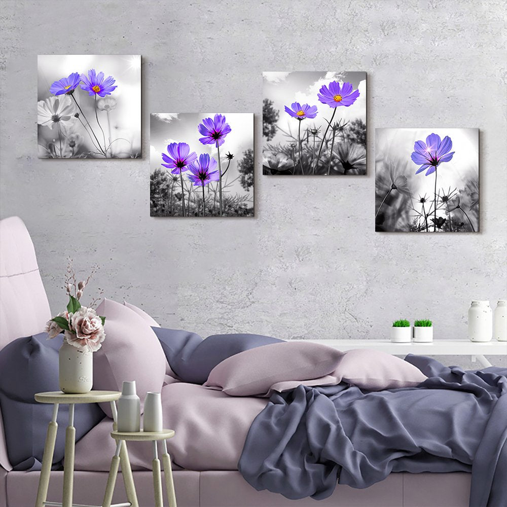 Canvas wall art for bedroom Black and white landscape purple flowers bathroom wall Decor for kitchen Artwork 12'' x 12'' 4 Pieces Framed Canvas Prints Ready to Hang Home Decorations for living room